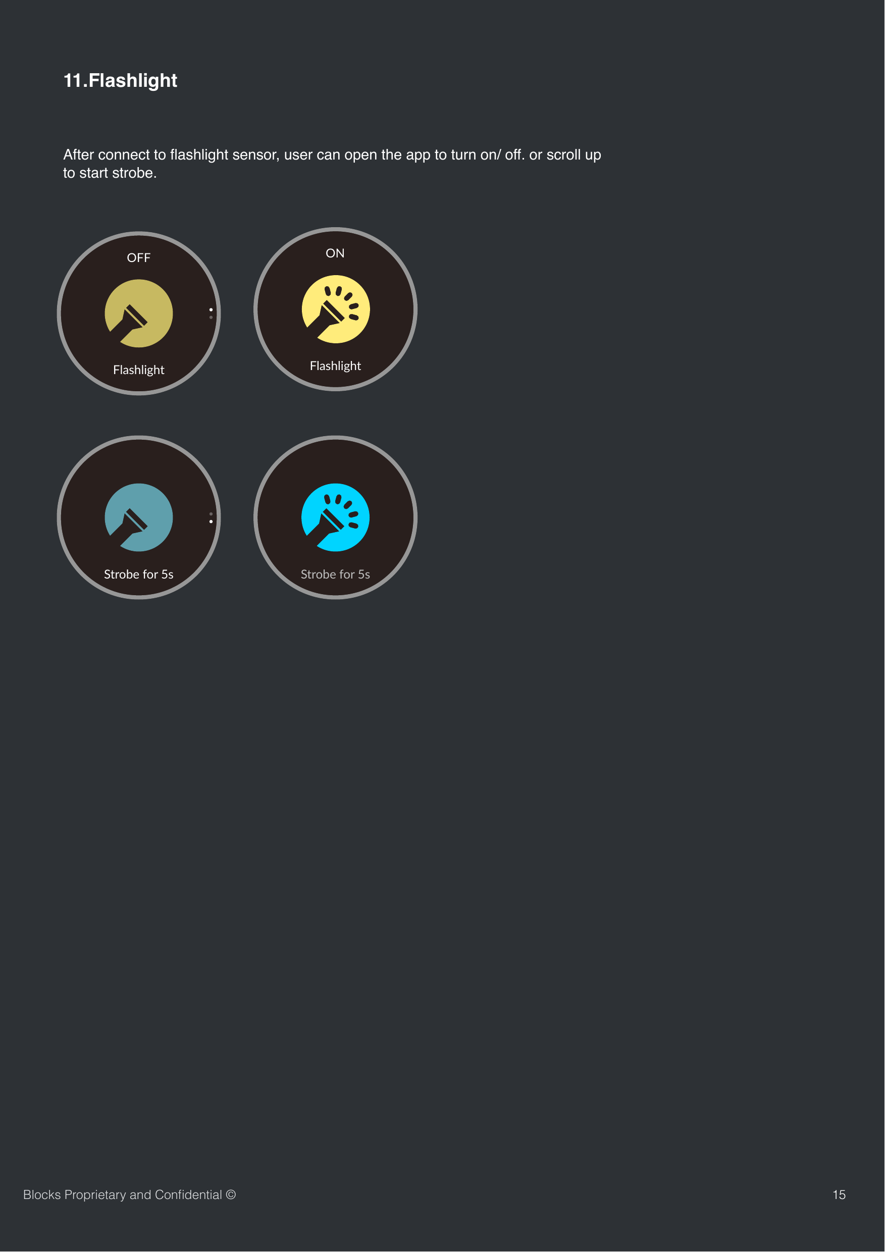 1511.FlashlightAfter connect to ﬂashlight sensor, user can open the app to turn on/ off. or scroll up to start strobe. Blocks Proprietary and Conﬁdential &copy;FlashlightOFFStrobe for 5sFlashlightONStrobe for 5s