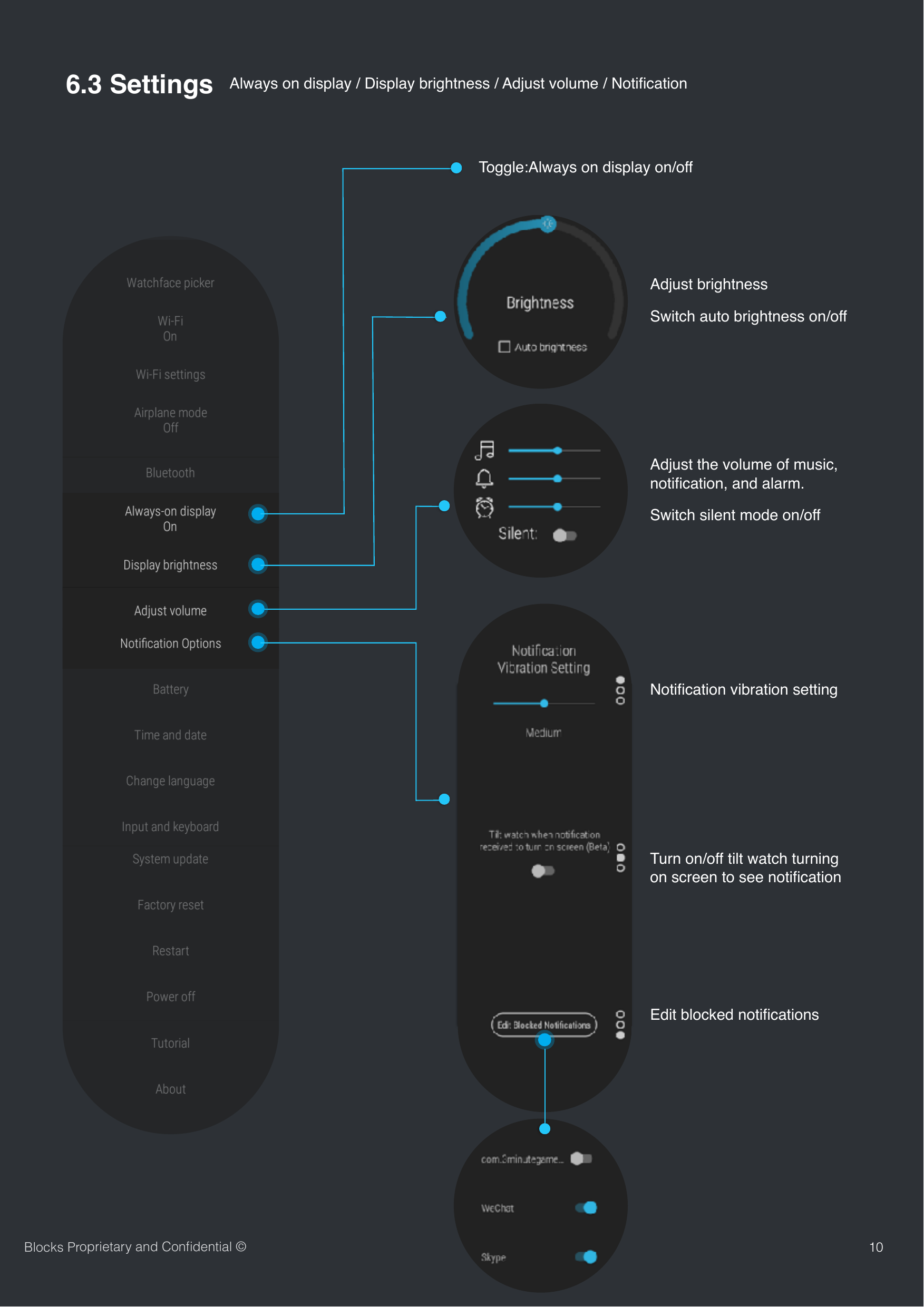 106.3 Settings Toggle:Always on display on/offAlways on display / Display brightness / Adjust volume / NotiﬁcationAdjust brightnessSwitch auto brightness on/offAdjust the volume of music, notiﬁcation, and alarm. Switch silent mode on/offNotiﬁcation vibration settingTurn on/off tilt watch turning on screen to see notiﬁcationEdit blocked notiﬁcationsBlocks Proprietary and Conﬁdential &copy;