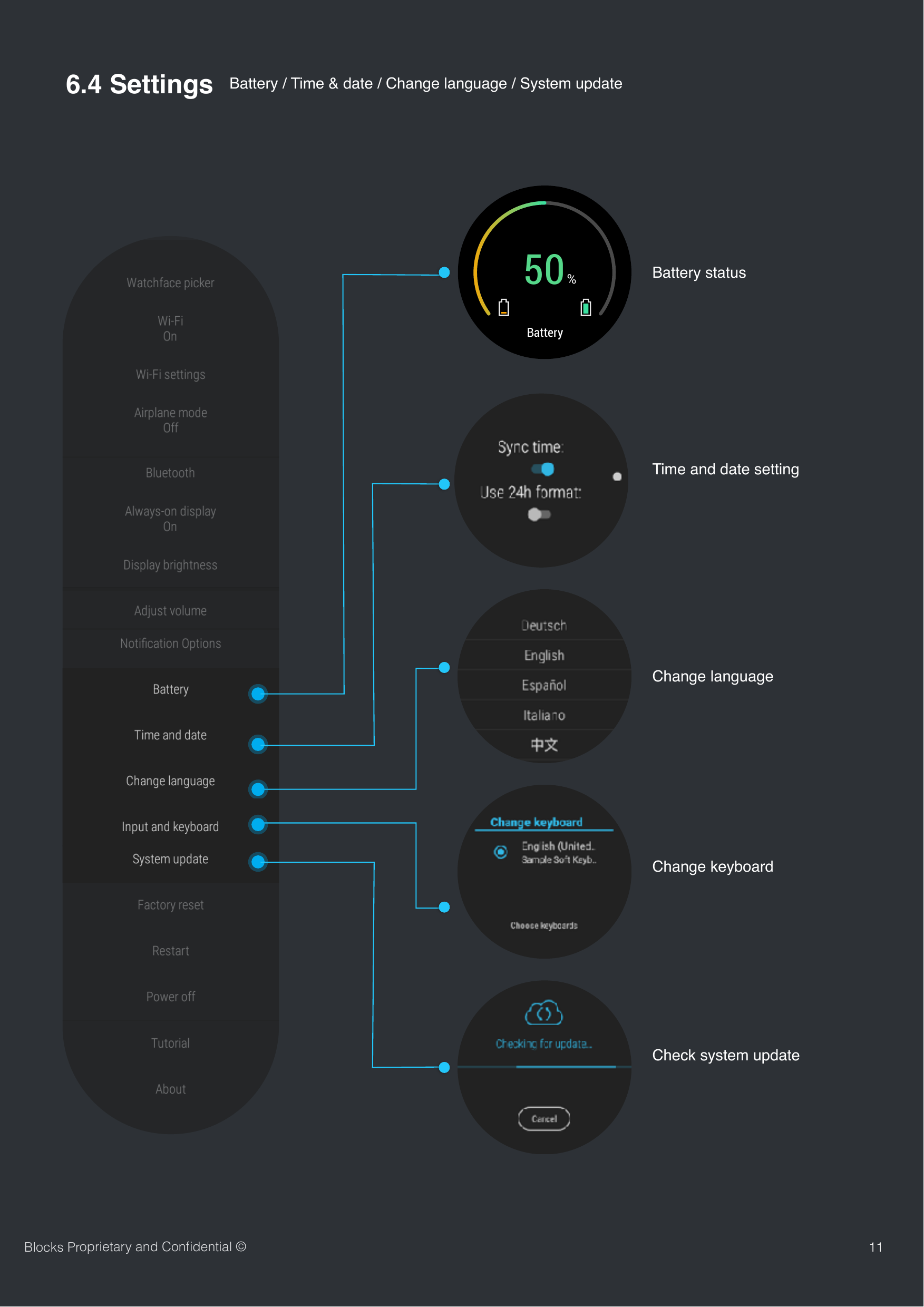 116.4 Settings Battery50%Battery / Time &amp; date / Change language / System updateBattery statusTime and date settingChange languageChange keyboardCheck system updateBlocks Proprietary and Conﬁdential &copy;