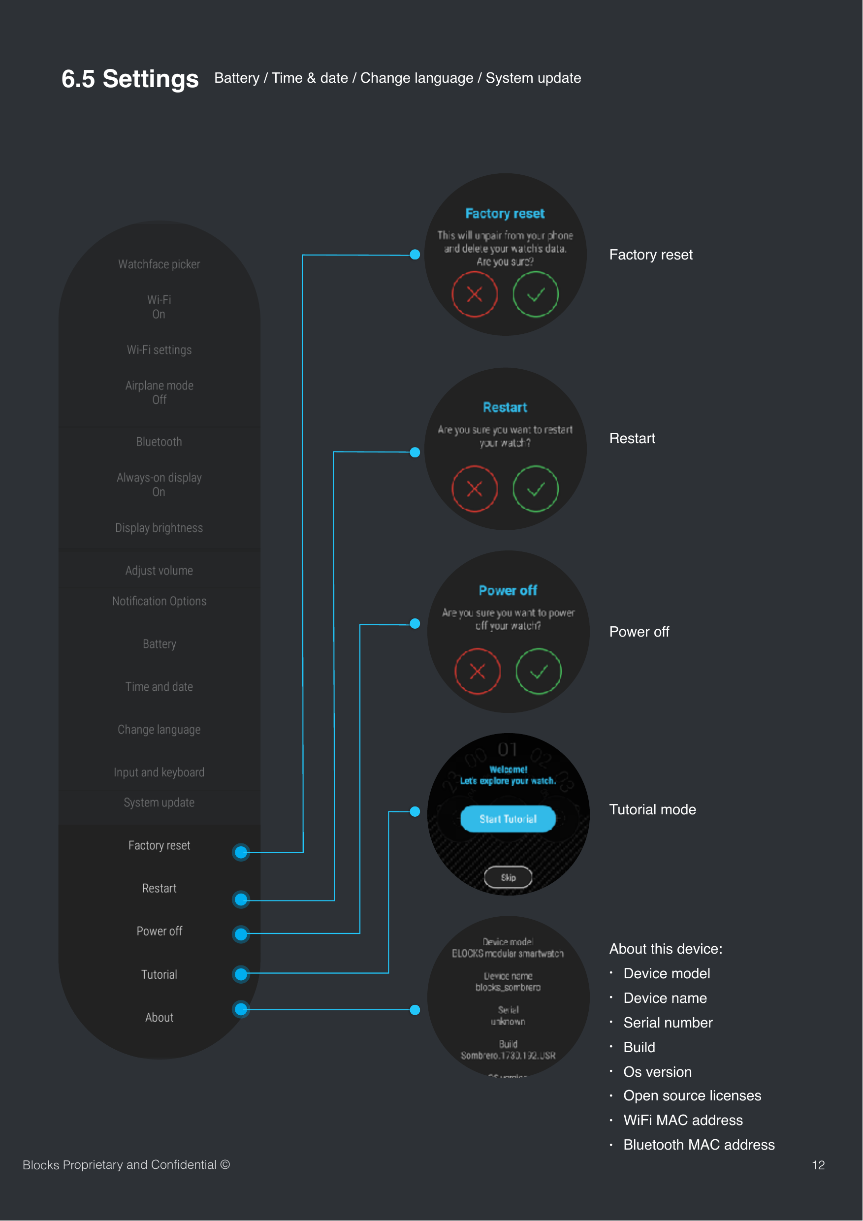 126.5 Settings  Battery / Time &amp; date / Change language / System updateFactory resetRestartPower offTutorial modeAbout this device:&bull;Device model&bull;Device name&bull;Serial number&bull;Build&bull;Os version &bull;Open source licenses&bull;WiFi MAC address&bull;Bluetooth MAC addressBlocks Proprietary and Conﬁdential &copy;