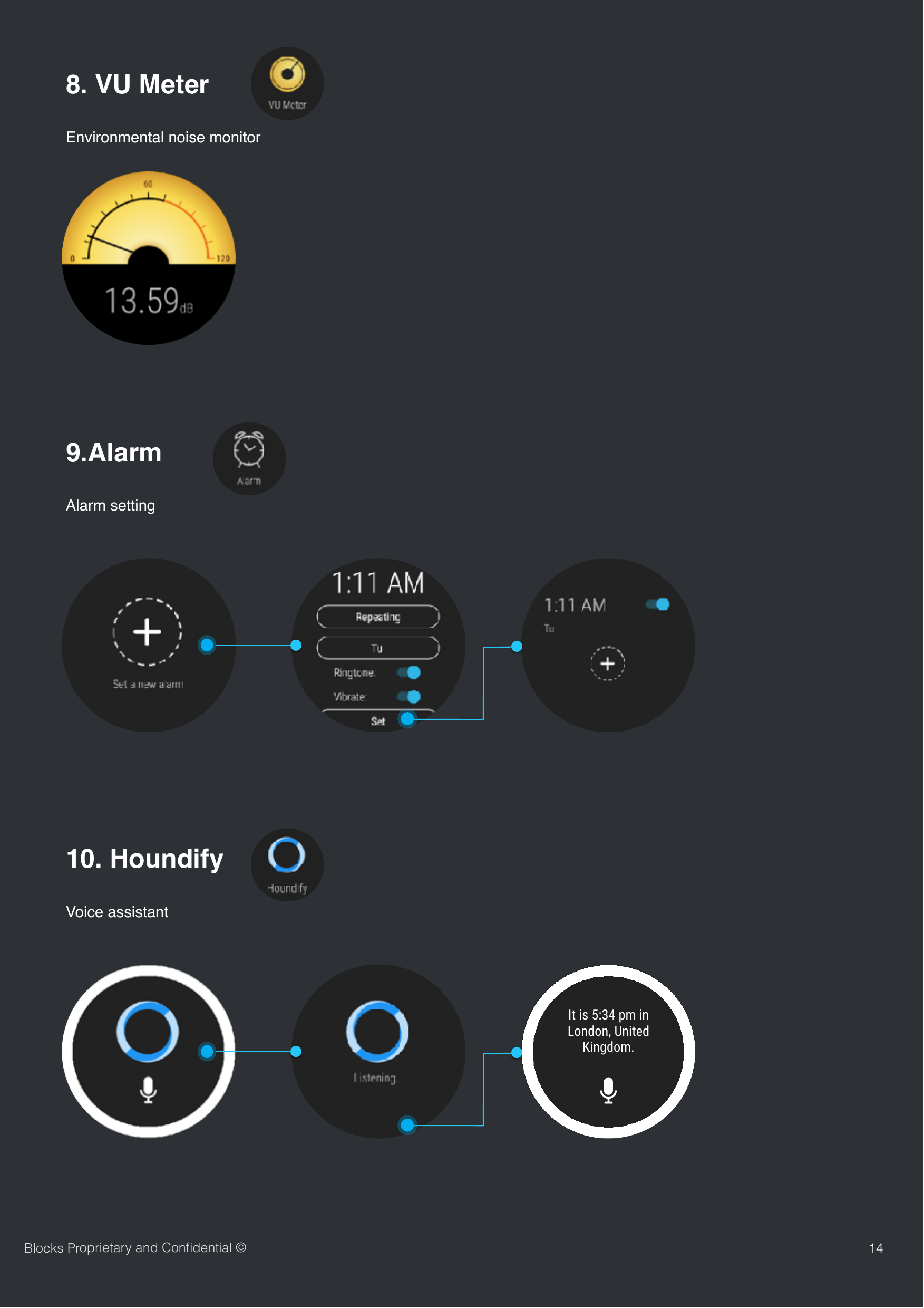 Environmental noise monitor148. VU MeterBlocks Proprietary and Conﬁdential &copy;Alarm setting9.Alarm Voice assistant 10. Houndify It is 5:34 pm inLondon, UnitedKingdom.