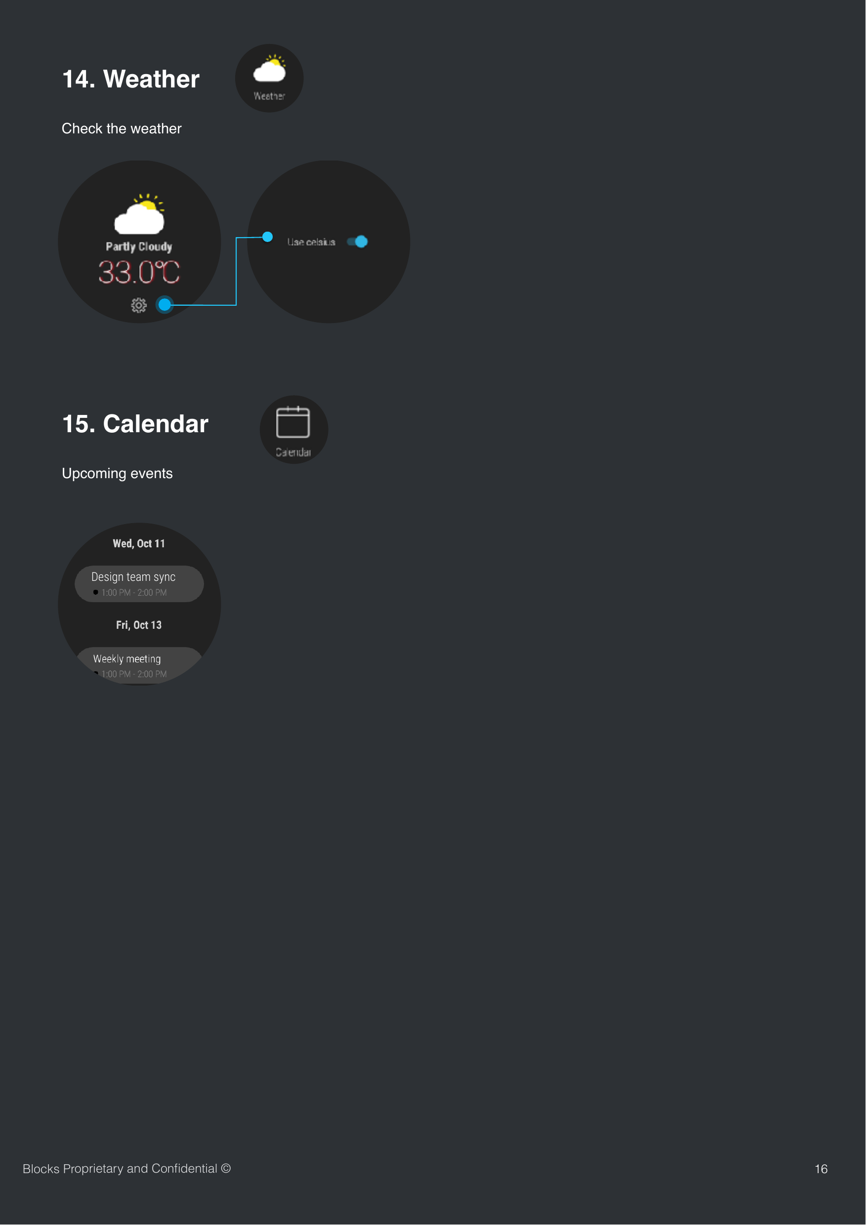 Check the weather1614. WeatherBlocks Proprietary and Conﬁdential &copy;Upcoming events15. Calendar Design team sync