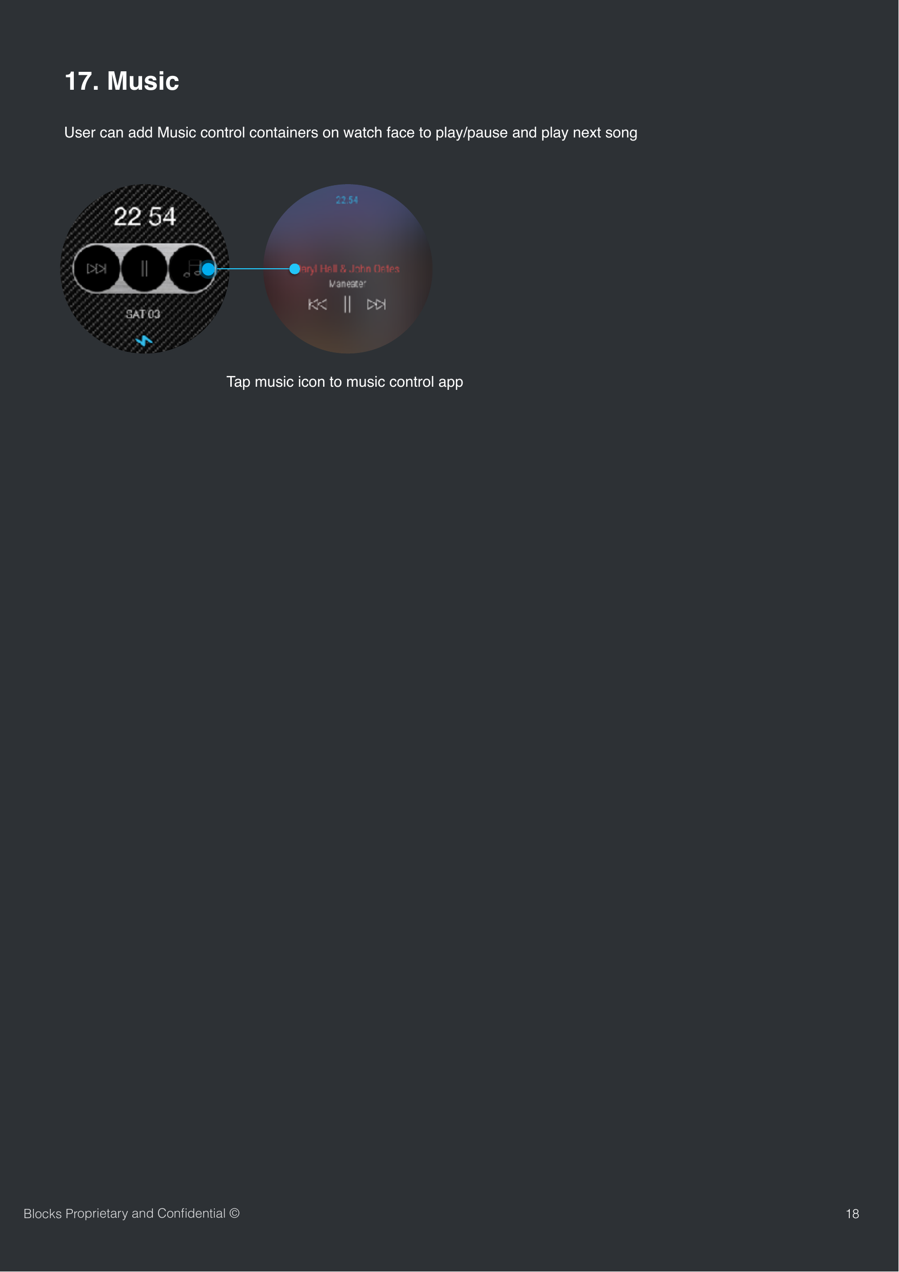 18Blocks Proprietary and Conﬁdential &copy;User can add Music control containers on watch face to play/pause and play next song17. MusicTap music icon to music control app