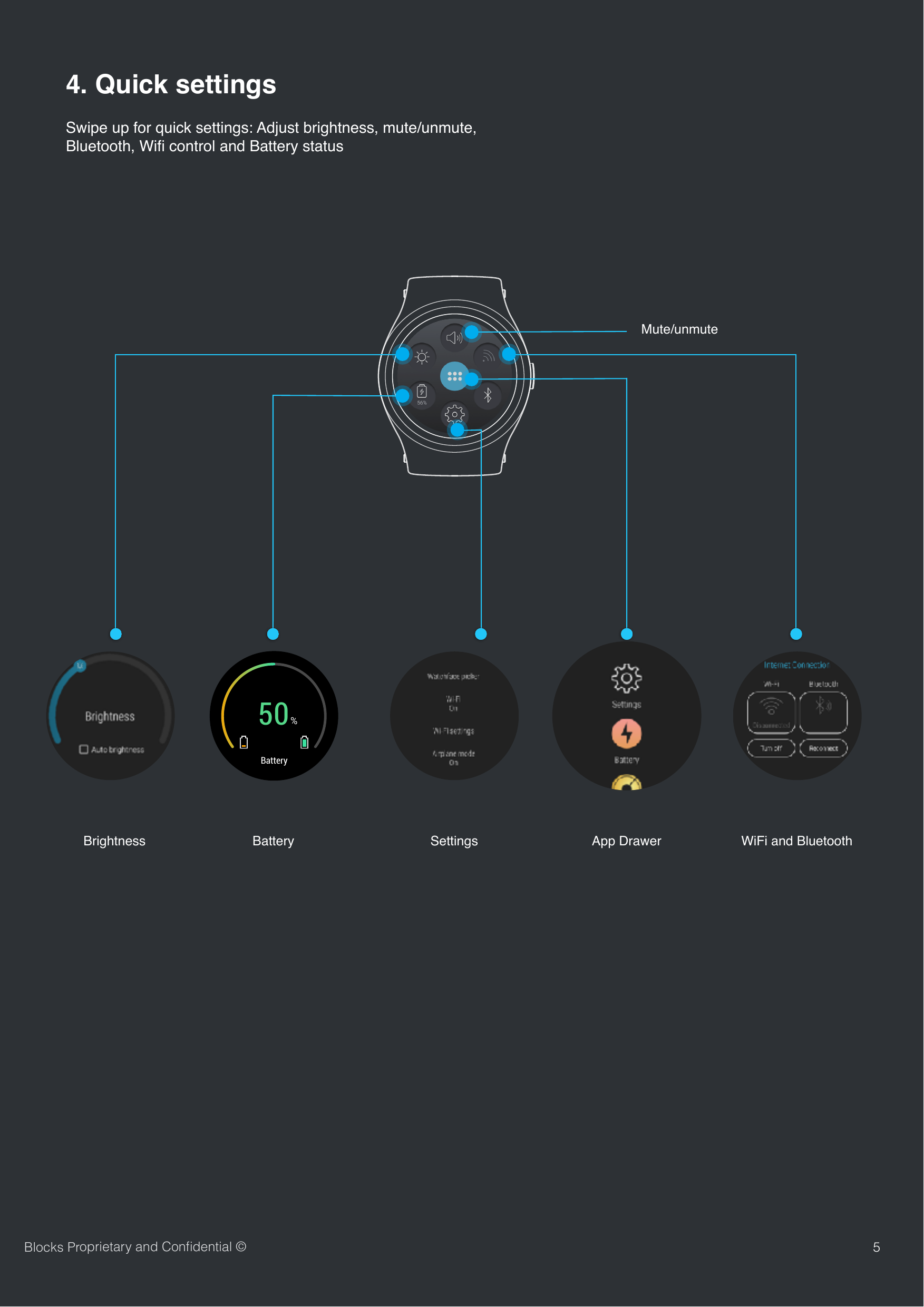 Swipe up for quick settings: Adjust brightness, mute/unmute,  Bluetooth, Wiﬁ control and Battery status54. Quick settingsBlocks Proprietary and Conﬁdential &copy;Battery50%WiFi and BluetoothMute/unmuteBattery SettingsBrightness App Drawer