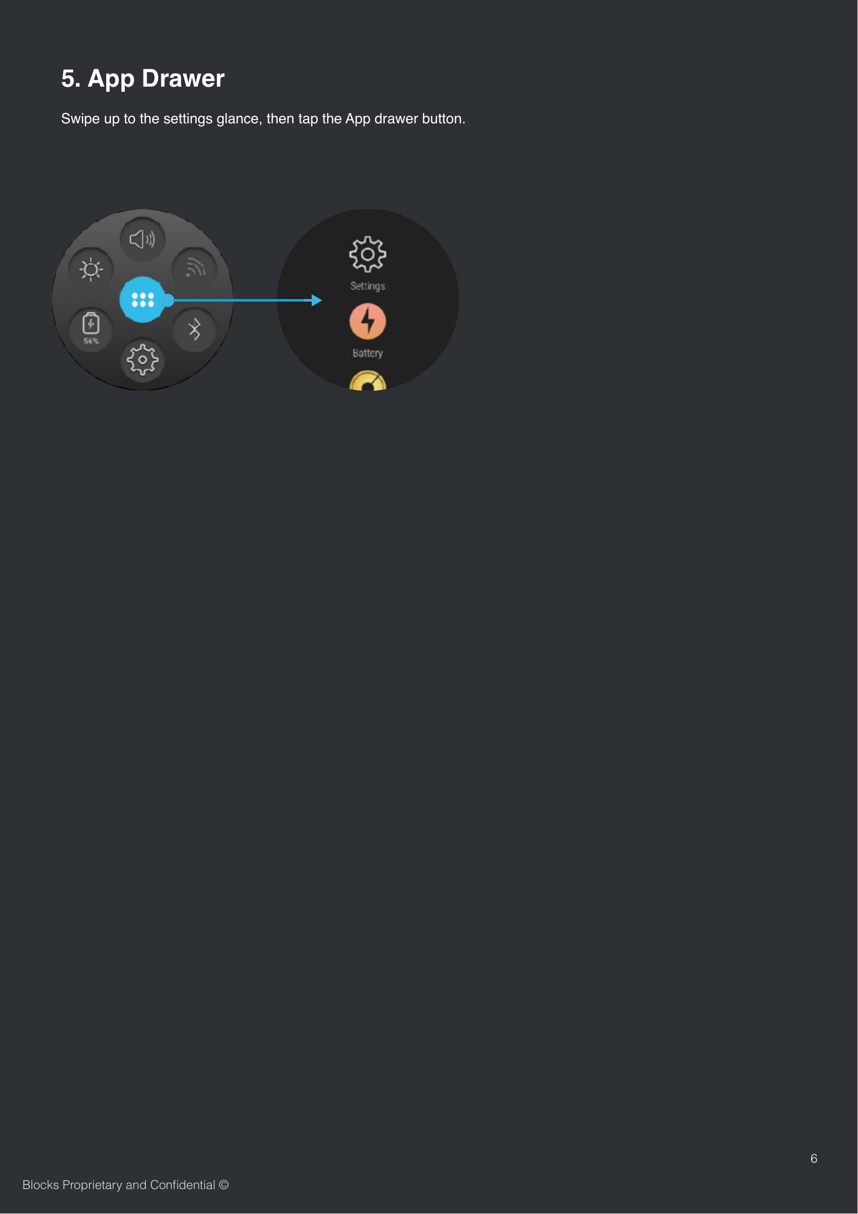 6Blocks Proprietary and Conﬁdential &copy;Swipe up to the settings glance, then tap the App drawer button.5. App Drawer