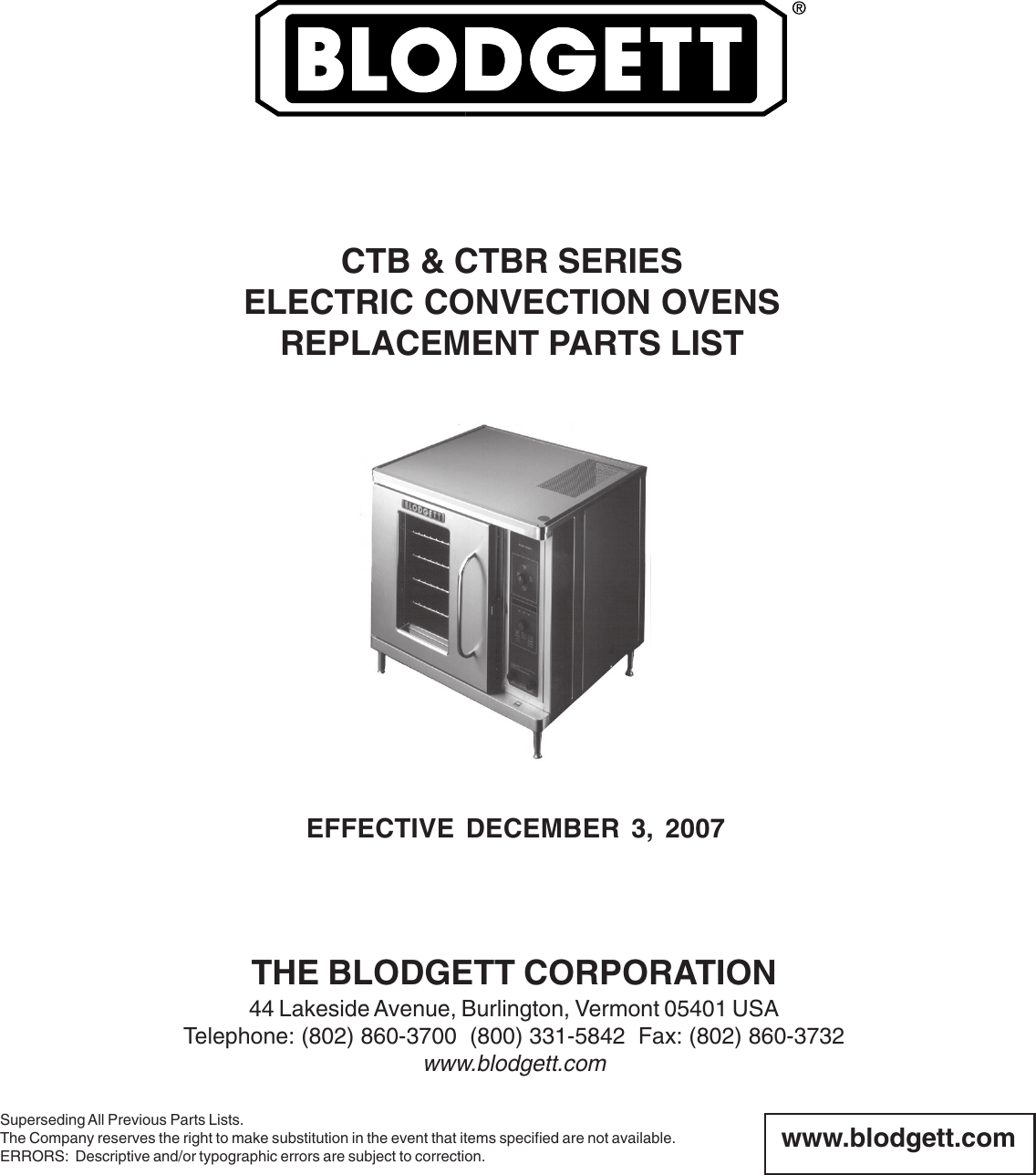 Blodgett Ctb Users Manual parts