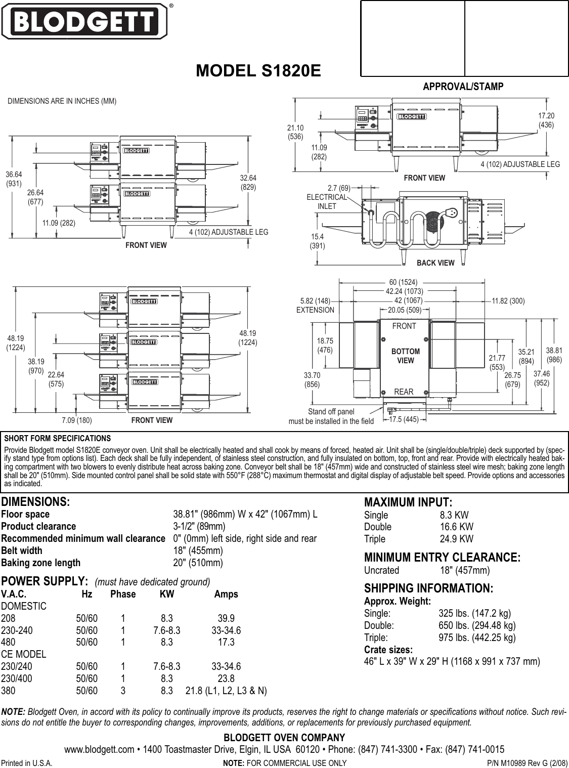 Blodgett S1820e Users Manual S1820eqxp