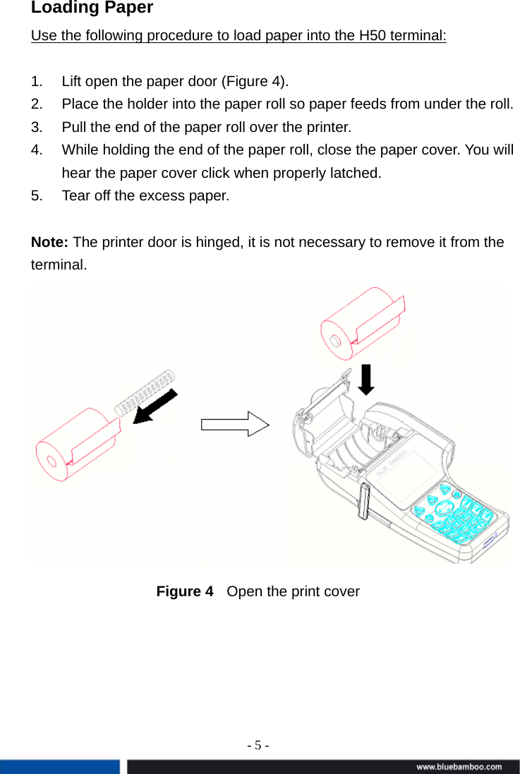 - 5 -  Loading Paper Use the following procedure to load paper into the H50 terminal:  1.  Lift open the paper door (Figure 4). 2.  Place the holder into the paper roll so paper feeds from under the roll.   3.  Pull the end of the paper roll over the printer. 4.  While holding the end of the paper roll, close the paper cover. You will hear the paper cover click when properly latched. 5.  Tear off the excess paper.  Note: The printer door is hinged, it is not necessary to remove it from the terminal.   Figure 4  Open the print cover 