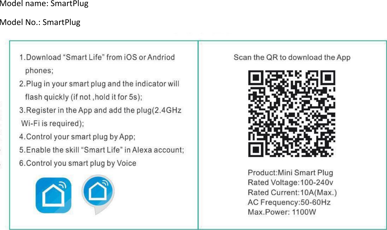  Model name: SmartPlug   Model No.: SmartPlug   