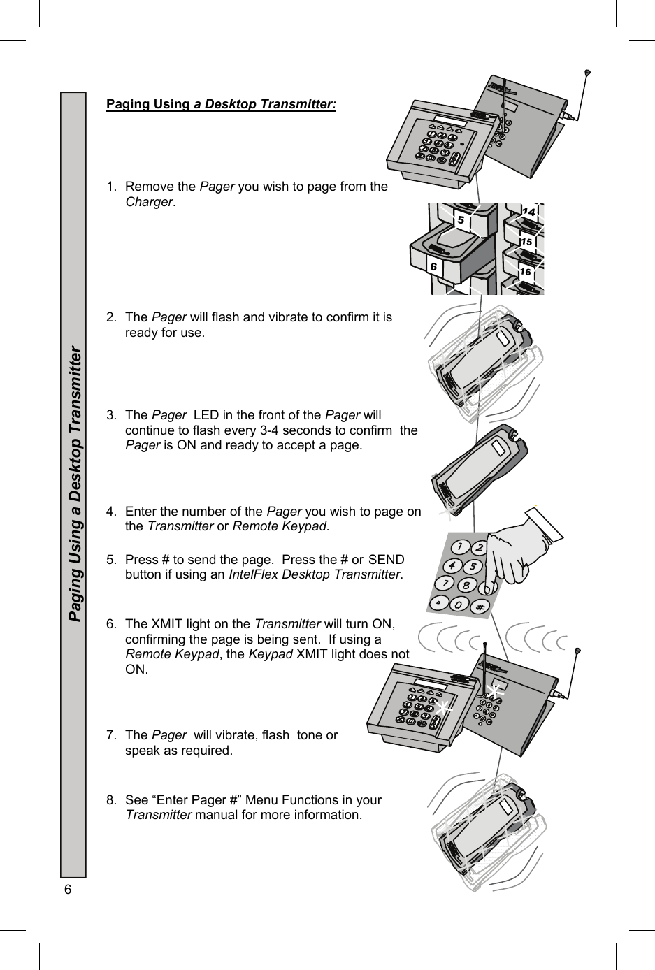 6   Paging Using a Desktop Transmitter:      1.  Remove the Pager you wish to page from the Charger.       2. The Pager will flash and vibrate to confirm it is ready for use.     3. The Pager  LED in the front of the Pager will continue to flash every 3-4 seconds to confirm  the Pager is ON and ready to accept a page.    4.  Enter the number of the Pager you wish to page on the Transmitter or Remote Keypad.  5.  Press # to send the page.  Press the # or  SEND button if using an IntelFlex Desktop Transmitter.   6.  The XMIT light on the Transmitter will turn ON, confirming the page is being sent.  If using a Remote Keypad, the Keypad XMIT light does not ON.    7. The Pager  will vibrate, flash  tone or speak as required.    8.  See “Enter Pager #” Menu Functions in your Transmitter manual for more information. Paging Using a Desktop Transmitter              3 3 3 3 3 7 16 15 6 5 143 3 3 