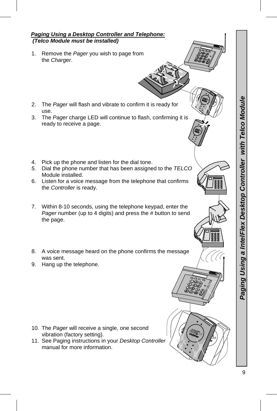  9   Paging Using a Desktop Controller and Telephone:  (Telco Module must be installed)  1. Remove the Pager you wish to page from the Charger.                                2. The Pager will flash and vibrate to confirm it is ready for use. 3. The Pager charge LED will continue to flash, confirming it is ready to receive a page. 4.  Pick up the phone and listen for the dial tone. 5.  Dial the phone number that has been assigned to the TELCO Module installed. 6.  Listen for a voice message from the telephone that confirms the Controller is ready. 7.  Within 8-10 seconds, using the telephone keypad, enter the Pager number (up to 4 digits) and press the # button to send the page.  8.  A voice message heard on the phone confirms the message was sent. 9.  Hang up the telephone. 10. The Pager will receive a single, one second vibration (factory setting).  11.  See Paging instructions in your Desktop Controller manual for more information.   Paging Using a IntelFlex Desktop Controller  with Telco Module 