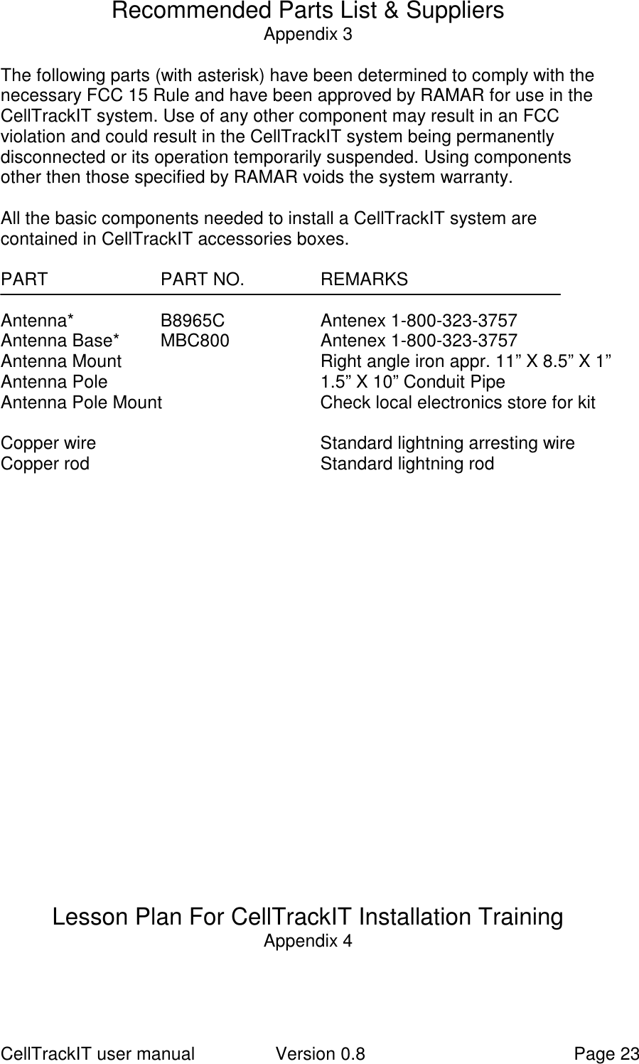 CellTrackIT user manual Version 0.8 Page 23Recommended Parts List &amp; SuppliersAppendix 3The following parts (with asterisk) have been determined to comply with thenecessary FCC 15 Rule and have been approved by RAMAR for use in theCellTrackIT system. Use of any other component may result in an FCCviolation and could result in the CellTrackIT system being permanentlydisconnected or its operation temporarily suspended. Using componentsother then those specified by RAMAR voids the system warranty.All the basic components needed to install a CellTrackIT system arecontained in CellTrackIT accessories boxes.PART PART NO. REMARKSAntenna* B8965C Antenex 1-800-323-3757Antenna Base* MBC800 Antenex 1-800-323-3757Antenna Mount Right angle iron appr. 11” X 8.5” X 1”Antenna Pole 1.5” X 10” Conduit PipeAntenna Pole Mount Check local electronics store for kitCopper wire Standard lightning arresting wireCopper rod Standard lightning rodLesson Plan For CellTrackIT Installation TrainingAppendix 4