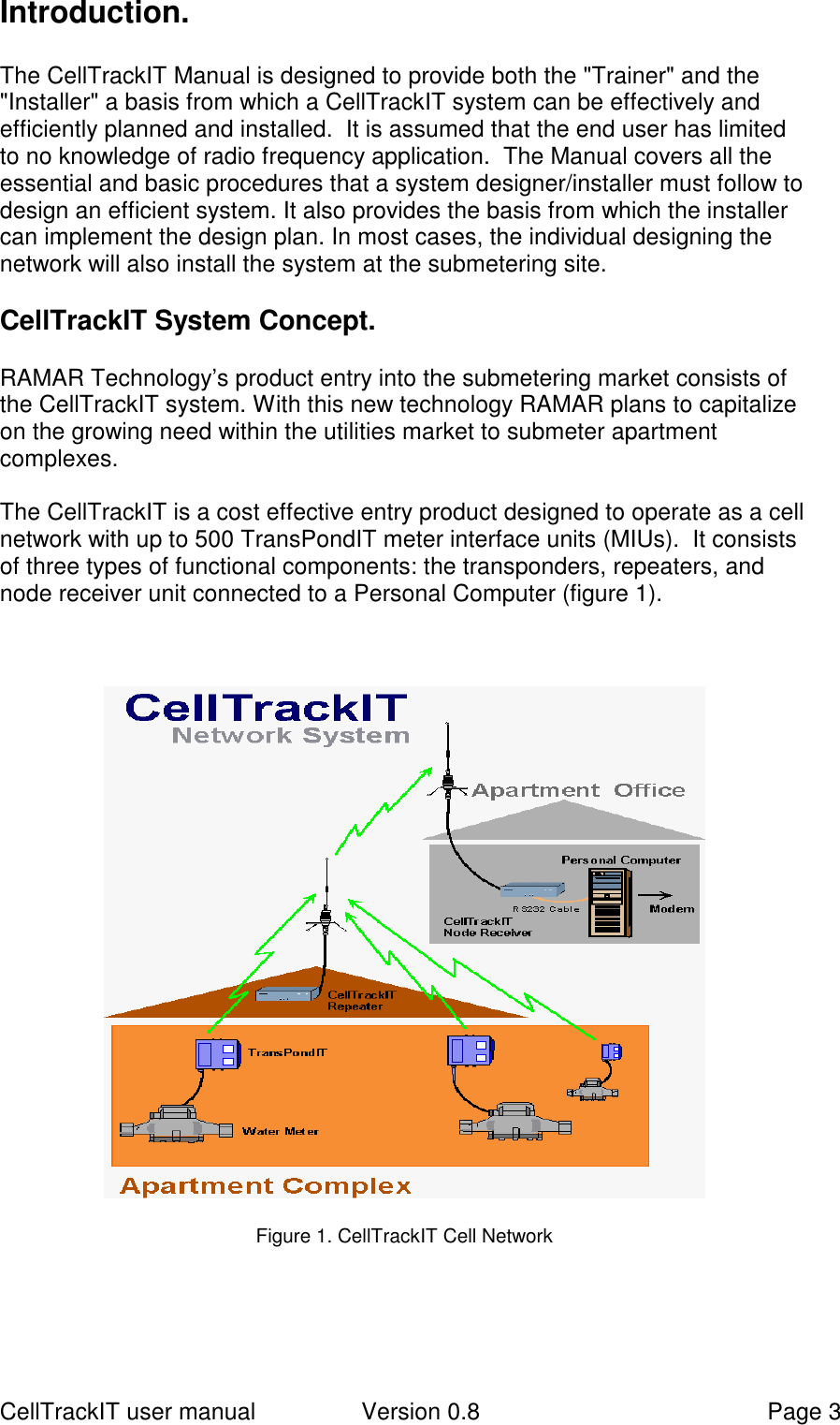 CellTrackIT user manual Version 0.8 Page 3Introduction.The CellTrackIT Manual is designed to provide both the &quot;Trainer&quot; and the&quot;Installer&quot; a basis from which a CellTrackIT system can be effectively andefficiently planned and installed.  It is assumed that the end user has limitedto no knowledge of radio frequency application.  The Manual covers all theessential and basic procedures that a system designer/installer must follow todesign an efficient system. It also provides the basis from which the installercan implement the design plan. In most cases, the individual designing thenetwork will also install the system at the submetering site.CellTrackIT System Concept.RAMAR Technology’s product entry into the submetering market consists ofthe CellTrackIT system. With this new technology RAMAR plans to capitalizeon the growing need within the utilities market to submeter apartmentcomplexes.The CellTrackIT is a cost effective entry product designed to operate as a cellnetwork with up to 500 TransPondIT meter interface units (MIUs).  It consistsof three types of functional components: the transponders, repeaters, andnode receiver unit connected to a Personal Computer (figure 1).Figure 1. CellTrackIT Cell Network