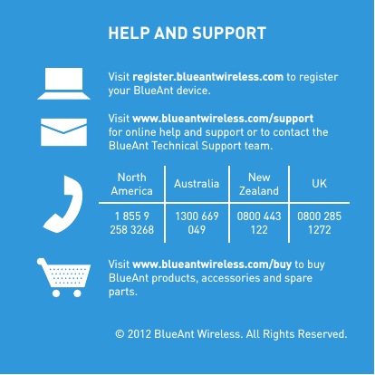 HELP AND SUPPORT Visit register.blueantwireless.com to register your BlueAnt device.Visit www.blueantwireless.com/support for online help and support or to contact the BlueAnt Technical Support team.North America Australia New Zealand UK1 855 9 258 32681300 669 0490800 443 1220800 285 1272Visit www.blueantwireless.com/buy to buy BlueAnt products, accessories and spare parts.  © 2012 BlueAnt Wireless. All Rights Reserved.