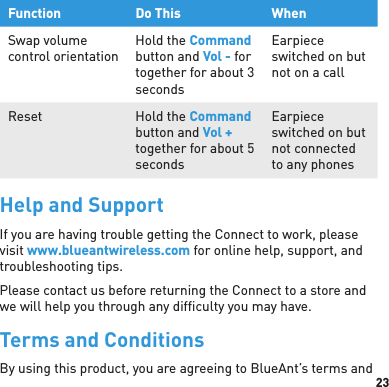 23Function Do This WhenSwap volume control orientationHold the Command button and Vol - for together for about 3 secondsEarpiece switched on but not on a callReset Hold the Command button and Vol + together for about 5 secondsEarpiece switched on but not connected to any phonesHelp and SupportIf you are having trouble getting the Connect to work, please visit www.blueantwireless.com for online help, support, and troubleshooting tips. Please contact us before returning the Connect to a store and we will help you through any difﬁ culty you may have.Terms and ConditionsBy using this product, you are agreeing to BlueAnt’s terms and 