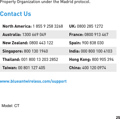 25Property Organization under the Madrid protocol.Contact UsNorth America: 1 855 9 258 3268 UK: 0800 285 1272Australia: 1300 669 049 France: 0800 913 467New Zealand: 0800 443 122 Spain: 900 838 030Singapore: 800 130 1940 India: 000 800 100 4103Thailand: 001 800 13 203 2852 Hong Kong: 800 905 394Taiwan: 00 801 127 405 China: 400 120 0974www.blueantwireless.com/supportModel: CT