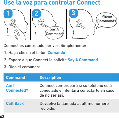 62Use la voz para controlar ConnectPhoneCommands3Say A Command21Connect es controlado por voz. Simplemente:1. Haga clic en el botón Comando2. Espere a que Connect le solicite Say A Command3. Diga el comando:Command DescriptionAm I Connected?Connect comprobará si su teléfono está conectado e intentará conectarlo en caso de no ser así.Call Back Devuelve la llamada al último número recibido.