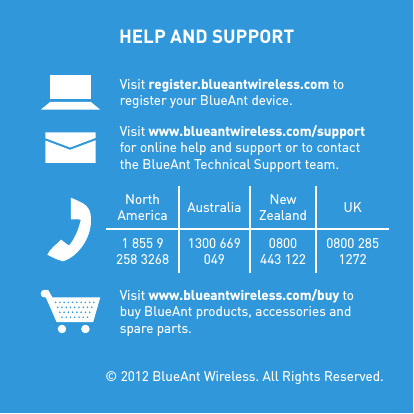 HELP AND SUPPORT Visit register.blueantwireless.com to register your BlueAnt device.Visit www.blueantwireless.com/support for online help and support or to contact the BlueAnt Technical Support team.North America Australia New Zealand UK1 855 9 258 32681300 669 0490800 443 1220800 285 1272Visit www.blueantwireless.com/buy to buy BlueAnt products, accessories and spare parts.  © 2012 BlueAnt Wireless. All Rights Reserved.