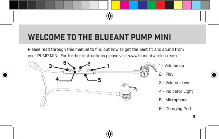 31 - Volume up2 - Play 3 - Volume down4 - Indicator Light5 - Microphone6 - Charging PortPlease read through this manual to ﬁnd out how to get the best ﬁt and sound from your PUMP MINI. For further instructions please visit www.blueantwireless.com123456WELCOME TO THE BLUEANT PUMP MINI