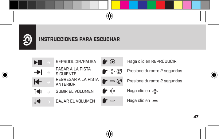 47INSTRUCCIONES PARA ESCUCHAR→→→→→REPRODUCIR/PAUSAPASAR A LA PISTA SIGUIENTEREGRESAR A LA PISTA ANTERIORSUBIR EL VOLUMENBAJAR EL VOLUMENHaga clic en REPRODUCIRPresione durante 2 segundosPresione durante 2 segundosHaga clic enHaga clic en