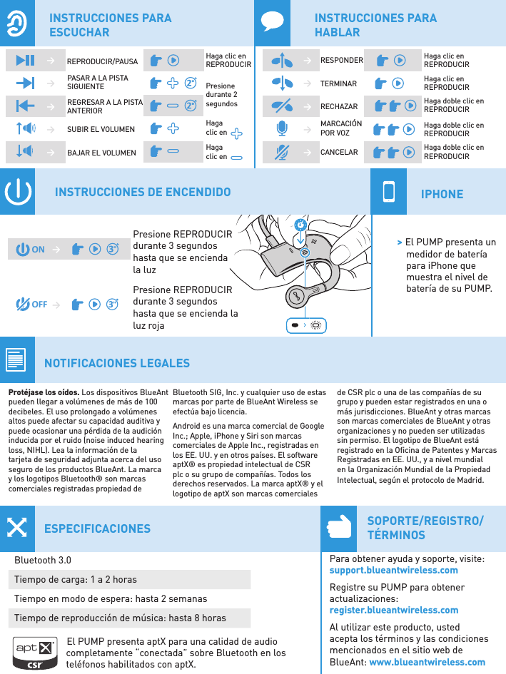 3�INSTRUCCIONES PARA ESCUCHARINSTRUCCIONES PARA HABLAR→→→→→→→ONOFF→→→→→INSTRUCCIONES DE ENCENDIDO  IPHONE &gt; El PUMP presenta un medidor de batería para iPhone que muestra el nivel de batería de su PUMP.Para obtener ayuda y soporte, visite: support.blueantwireless.comRegistre su PUMP para obtener actualizaciones: register.blueantwireless.comAl utilizar este producto, usted acepta los términos y las condiciones mencionados en el sitio web de BlueAnt: www.blueantwireless.comBluetooth 3.0Tiempo de carga: 1 a 2 horasTiempo en modo de espera: hasta 2 semanasTiempo de reproducción de música: hasta 8 horas     El PUMP presenta aptX para una calidad de audio                         completamente “conectada” sobre Bluetooth en los                         teléfonos habilitados con aptX.ESPECIFICACIONES SOPORTE/REGISTRO/TÉRMINOSNOTIFICACIONES LEGALESProtéjase los oídos. Los dispositivos BlueAnt pueden llegar a volúmenes de más de 100 decibeles. El uso prolongado a volúmenes altos puede afectar su capacidad auditiva y puede ocasionar una pérdida de la audición inducida por el ruido (noise induced hearing loss, NIHL). Lea la información de la tarjeta de seguridad adjunta acerca del uso seguro de los productos BlueAnt. La marca y los logotipos Bluetooth® son marcas comerciales registradas propiedad de Bluetooth SIG, Inc. y cualquier uso de estas marcas por parte de BlueAnt Wireless se efectúa bajo licencia.Android es una marca comercial de Google Inc.; Apple, iPhone y Siri son marcas comerciales de Apple Inc., registradas en los EE. UU. y en otros países. El software aptX® es propiedad intelectual de CSR plc o su grupo de compañías. Todos los derechos reservados. La marca aptX® y el logotipo de aptX son marcas comerciales de CSR plc o una de las compañías de su grupo y pueden estar registrados en una o más jurisdicciones. BlueAnt y otras marcas son marcas comerciales de BlueAnt y otras organizaciones y no pueden ser utilizadas sin permiso. El logotipo de BlueAnt está registrado en la Oﬁcina de Patentes y Marcas Registradas en EE. UU., y a nivel mundial en la Organización Mundial de la Propiedad Intelectual, según el protocolo de Madrid.REPRODUCIR/PAUSAPASAR A LA PISTA SIGUIENTEREGRESAR A LA PISTA ANTERIORSUBIR EL VOLUMENBAJAR EL VOLUMENHaga clic en REPRODUCIRPresione durante 2 segundosHaga clic enRESPONDERTERMINARRECHAZARMARCACIÓN POR VOZCANCELARHaga clic en REPRODUCIRPresione REPRODUCIR durante 3 segundos hasta que se encienda la luzPresione REPRODUCIR durante 3 segundos hasta que se encienda la luz rojaHaga clic enHaga clic en REPRODUCIRHaga doble clic en REPRODUCIRHaga doble clic en REPRODUCIRHaga doble clic en REPRODUCIR