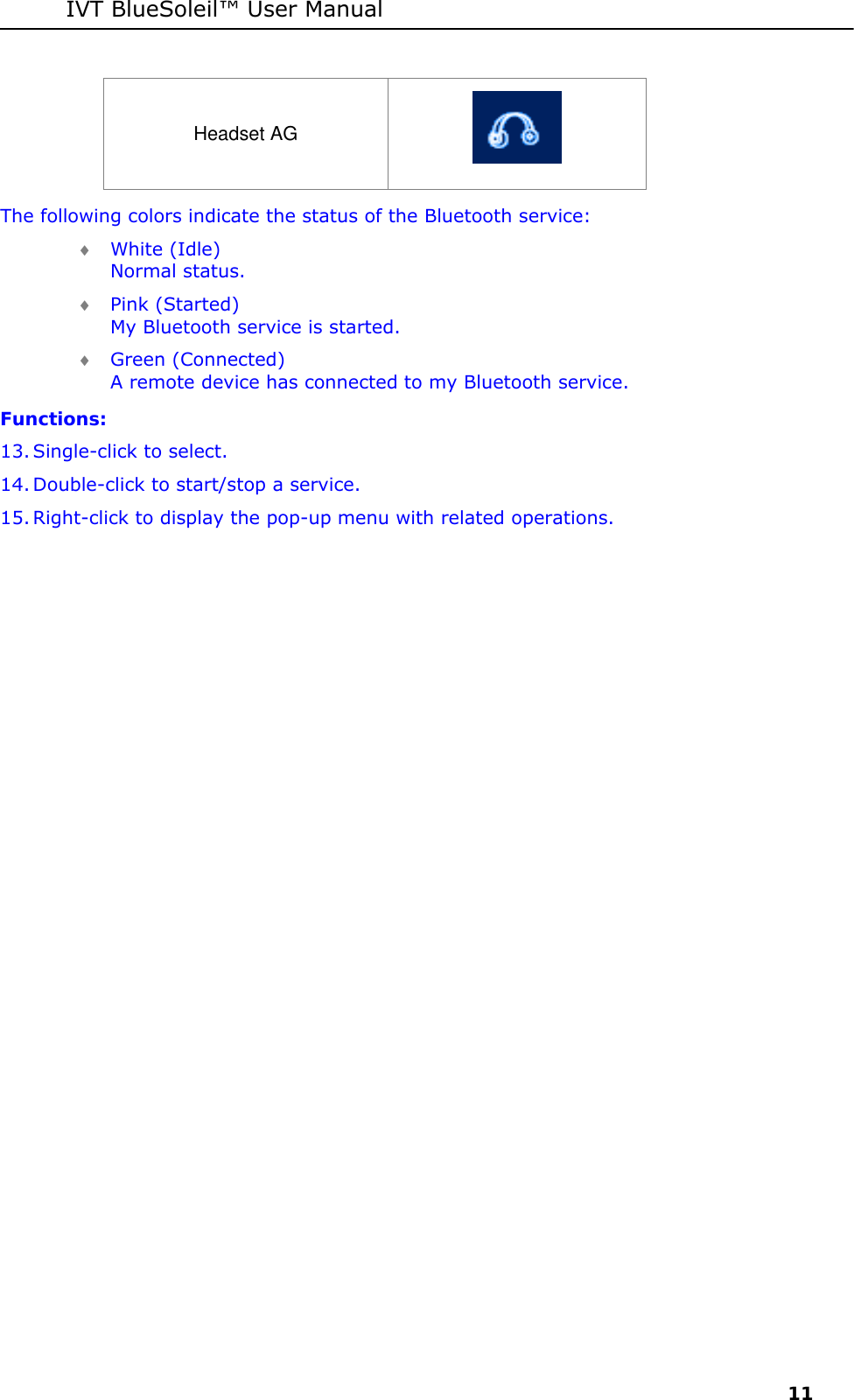 IVT BlueSoleil&trade; User Manual     11 Headset AG  The following colors indicate the status of the Bluetooth service:  &diams; White (Idle) Normal status. &diams; Pink (Started) My Bluetooth service is started. &diams; Green (Connected) A remote device has connected to my Bluetooth service. Functions:  13. Single-click to select. 14. Double-click to start/stop a service. 15. Right-click to display the pop-up menu with related operations.  
