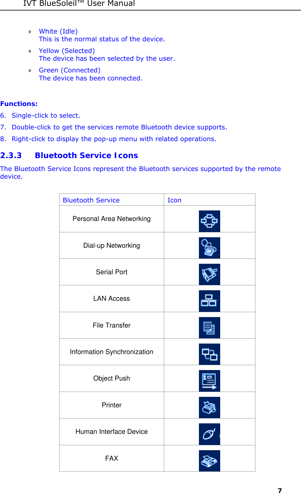 IVT BlueSoleil&trade; User Manual     7 &diams; White (Idle) This is the normal status of the device.  &diams; Yellow (Selected) The device has been selected by the user.  &diams; Green (Connected) The device has been connected.  Functions: 6. Single-click to select. 7. Double-click to get the services remote Bluetooth device supports. 8. Right-click to display the pop-up menu with related operations. 2.3.3 Bluetooth Service Icons  The Bluetooth Service Icons represent the Bluetooth services supported by the remote device.  Bluetooth Service  Icon Personal Area Networking  Dial-up Networking  Serial Port  LAN Access  File Transfer  Information Synchronization  Object Push  Printer  Human Interface Device  FAX  