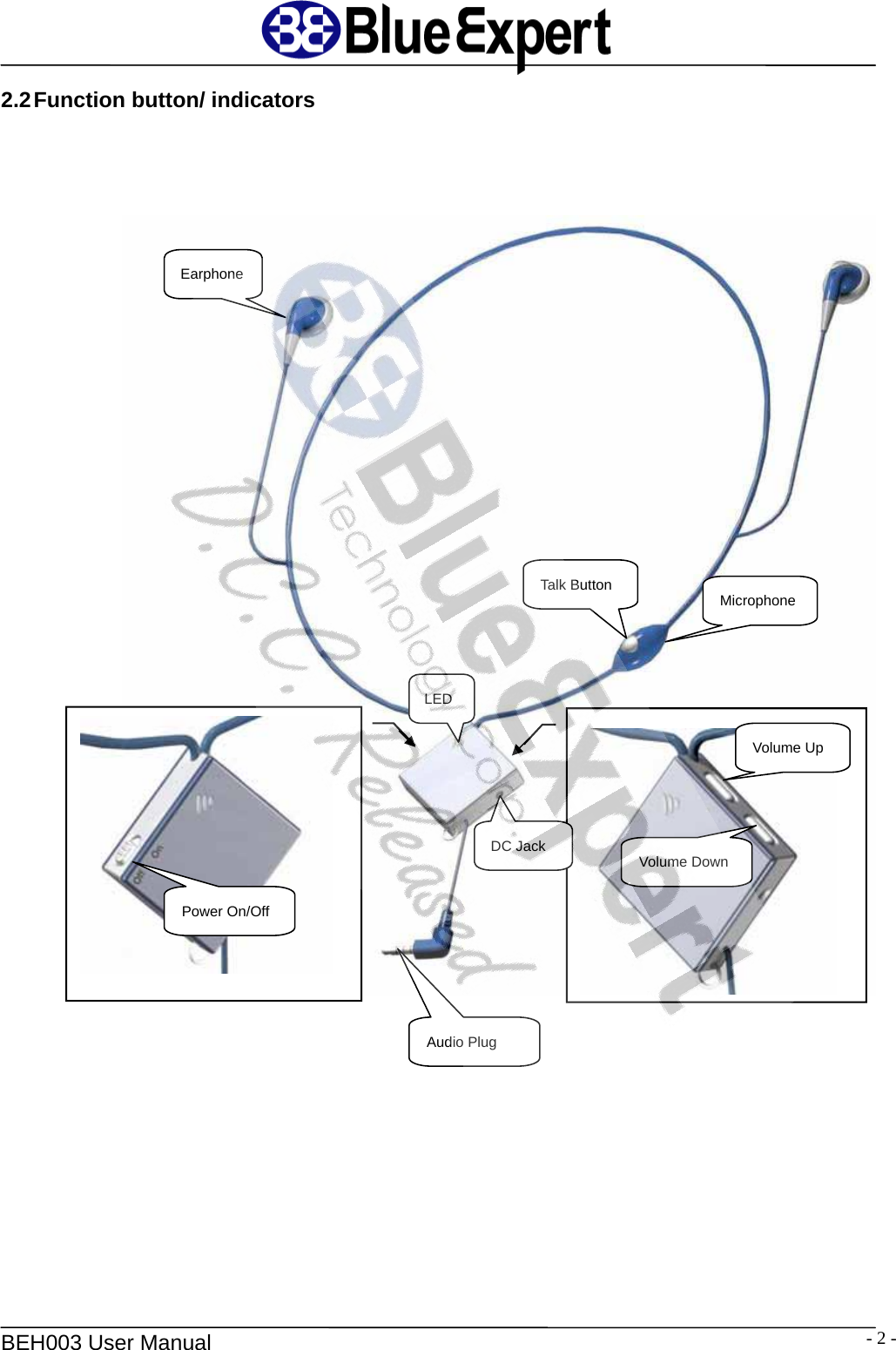   BEH003 User Manual  - 2 -2.2 Function  button/  indicators     Earphone Talk Button  Microphone Audio Plug DC Jack LED Volume Down Volume Up  Power On/Off  