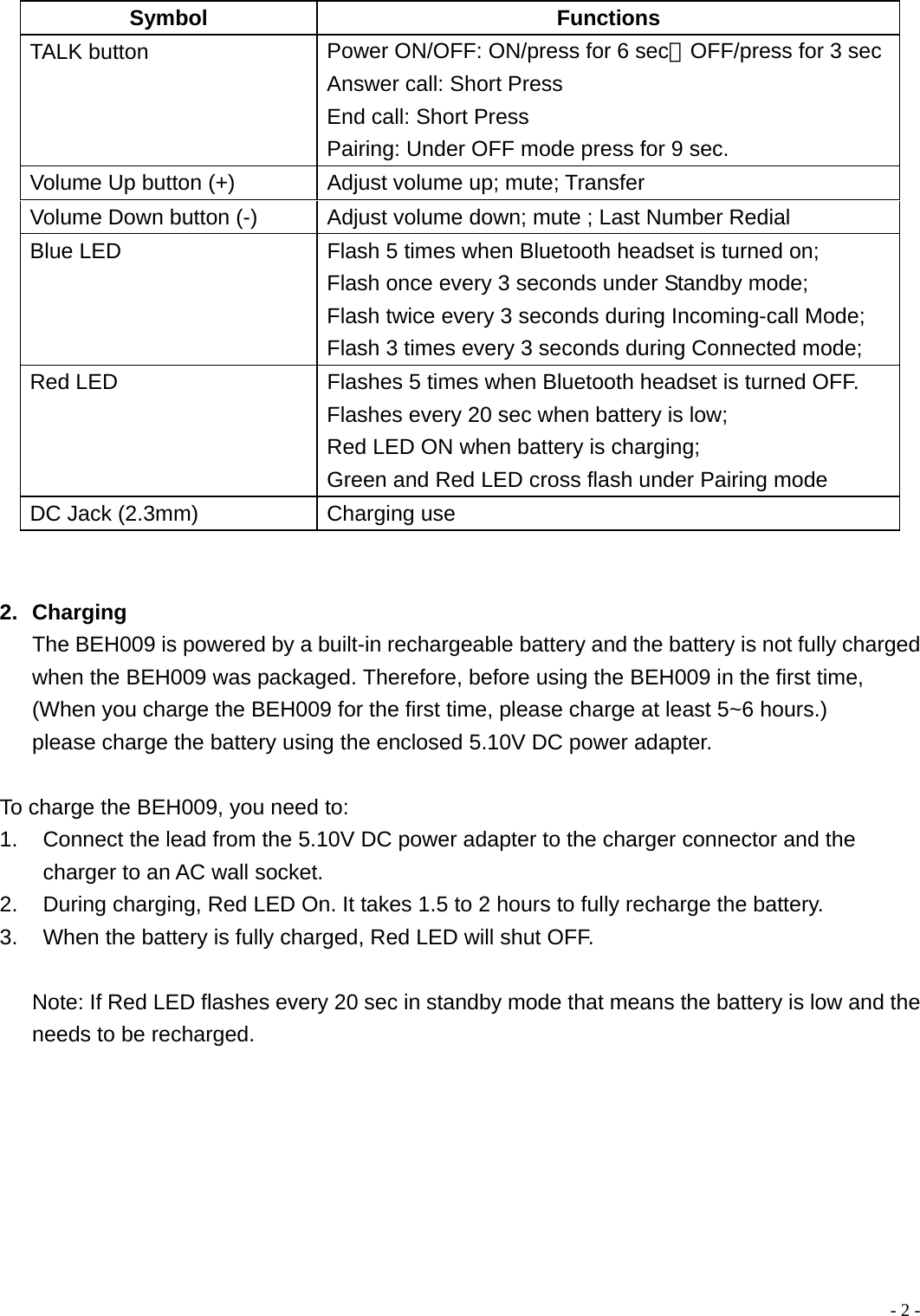  - 2 - Symbol Functions TALK button  Power ON/OFF: ON/press for 6 sec、OFF/press for 3 sec Answer call: Short Press End call: Short Press Pairing: Under OFF mode press for 9 sec. Volume Up button (+)  Adjust volume up; mute; Transfer Volume Down button (-)  Adjust volume down; mute ; Last Number Redial Blue LED  Flash 5 times when Bluetooth headset is turned on; Flash once every 3 seconds under Standby mode; Flash twice every 3 seconds during Incoming-call Mode; Flash 3 times every 3 seconds during Connected mode; Red LED  Flashes 5 times when Bluetooth headset is turned OFF. Flashes every 20 sec when battery is low; Red LED ON when battery is charging;   Green and Red LED cross flash under Pairing mode DC Jack (2.3mm)  Charging use   2. Charging The BEH009 is powered by a built-in rechargeable battery and the battery is not fully charged when the BEH009 was packaged. Therefore, before using the BEH009 in the first time,   (When you charge the BEH009 for the first time, please charge at least 5~6 hours.)   please charge the battery using the enclosed 5.10V DC power adapter.  To charge the BEH009, you need to: 1.  Connect the lead from the 5.10V DC power adapter to the charger connector and the charger to an AC wall socket. 2.  During charging, Red LED On. It takes 1.5 to 2 hours to fully recharge the battery. 3.  When the battery is fully charged, Red LED will shut OFF.  Note: If Red LED flashes every 20 sec in standby mode that means the battery is low and the   needs to be recharged. 