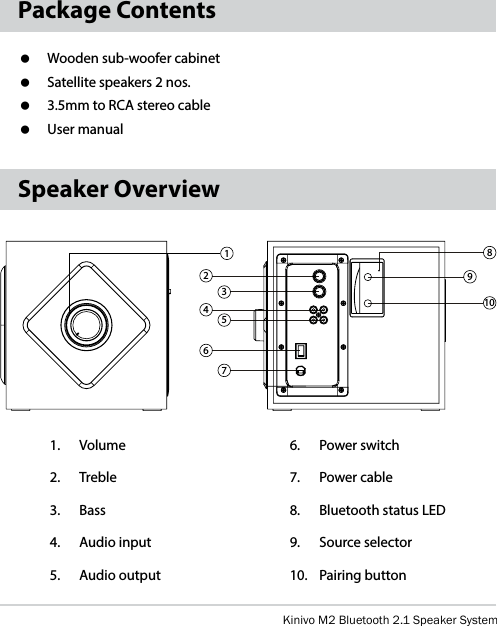 Kinivo M2 Bluetooth 2.1 Speaker SystemPackage Contents   Wooden sub-woofer cabinet   Satellite speakers 2 nos.  3.5mm to RCA stereo cable  User manualSpeaker Overview1.  Volume2.  Treble3.  Bass4.  Audio input5.  Audio output6.  Power switch7.  Power cable8.  Bluetooth status LED9.  Source selector10.  Pairing button21345678910