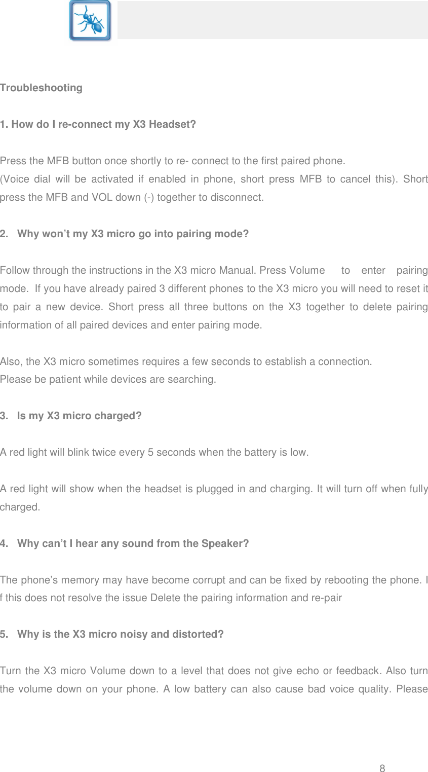 Page 9 of 12 - Blueant Blueant-X3-Micro-Bluetooth-Headset-Troubleshooting