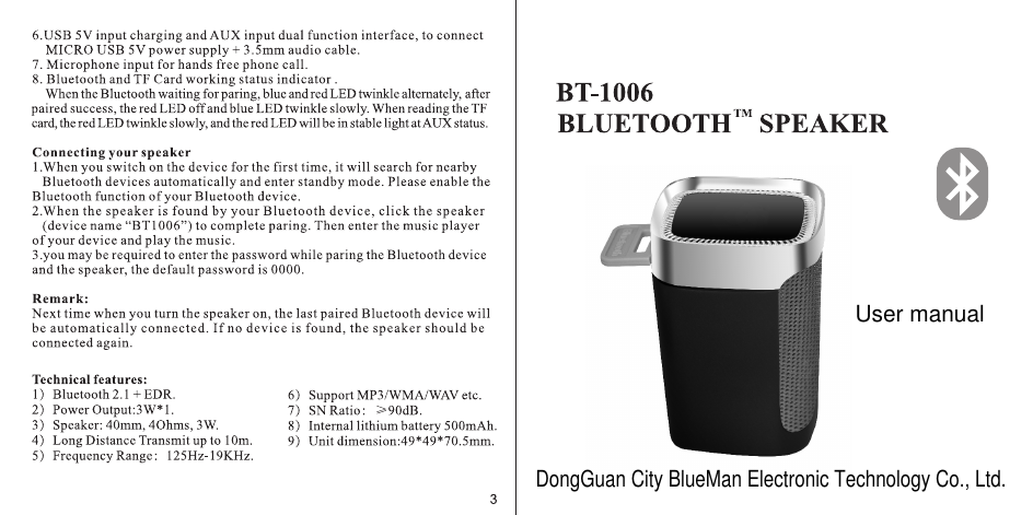 DongGuan City BlueMan Electronic Technology Co., Ltd.User manual