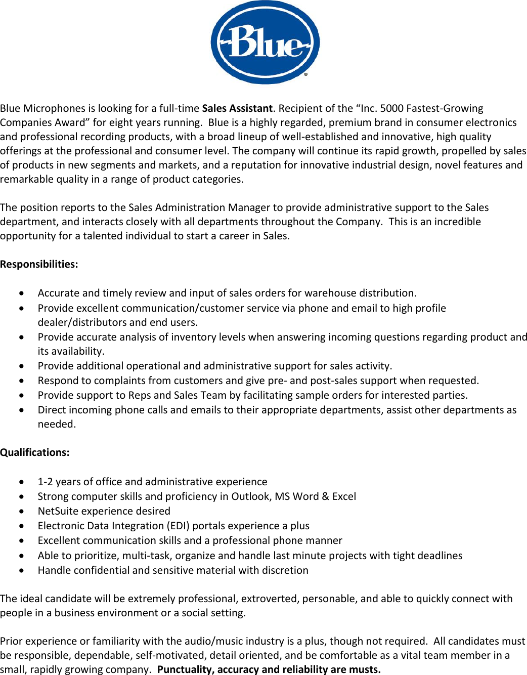 Page 1 of 2 - Sales Associate  Assistant Job Description 04-2018