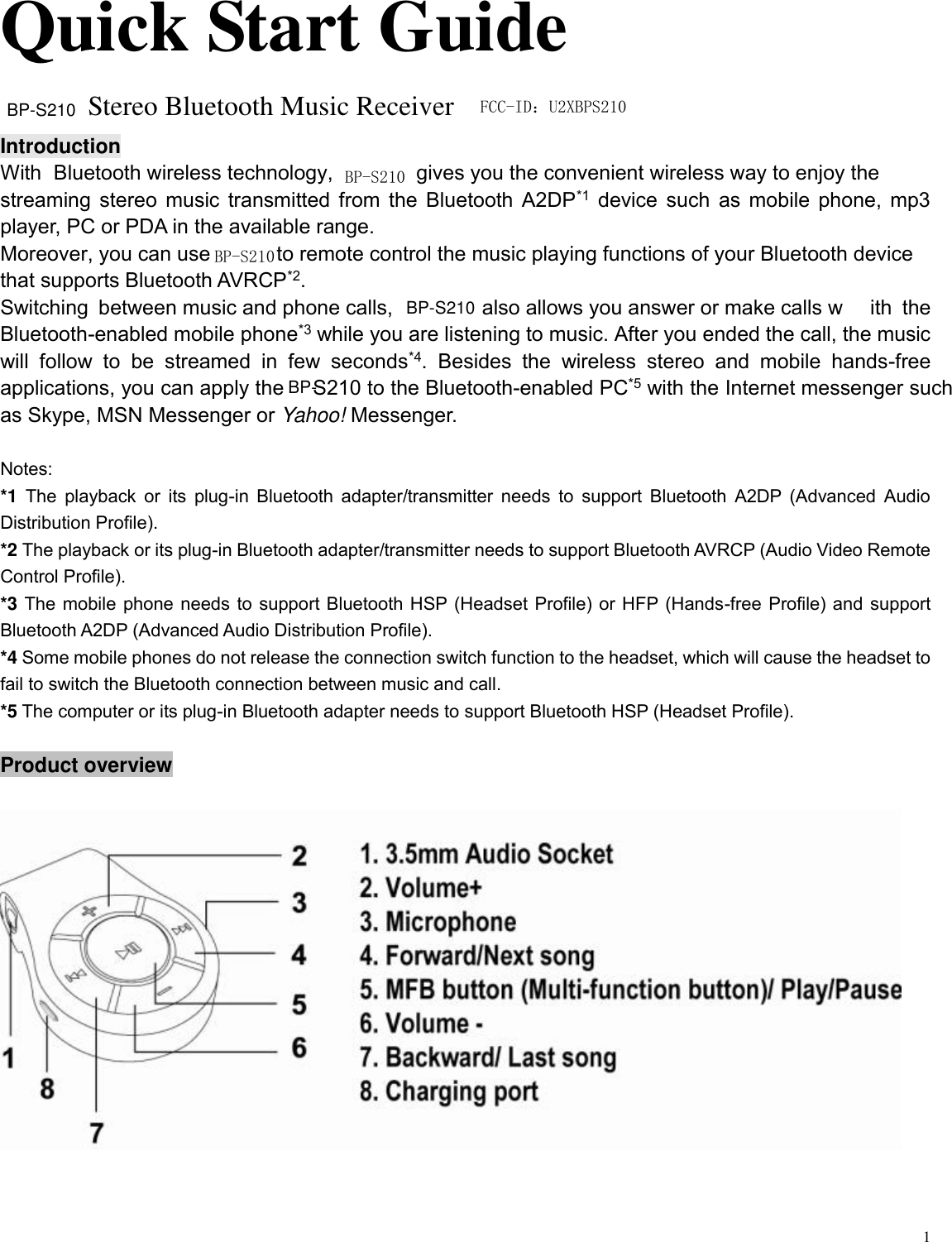   1 Quick Start Guide Stereo Bluetooth Music Receiver Introduction With  Bluetooth wireless technology,      gives you the convenient wireless way to enjoy the streaming stereo music transmitted from the Bluetooth A2DP*1 device such as mobile phone, mp3 player, PC or PDA in the available range.   Moreover, you can use   to remote control the music playing functions of your Bluetooth device that supports Bluetooth AVRCP*2. Switching  between music and phone calls,   also allows you answer or make calls w ith  the Bluetooth-enabled mobile phone*3 while you are listening to music. After you ended the call, the music will  follow  to  be  streamed  in  few  seconds*4.  Besides  the  wireless  stereo  and  mobile  hands-free applications, you can apply the  S210 to the Bluetooth-enabled PC*5 with the Internet messenger such as Skype, MSN Messenger or Yahoo! Messenger.  Notes: *1  The  playback or its plug-in Bluetooth adapter/transmitter needs to support Bluetooth A2DP  (Advanced Audio Distribution Profile). *2 The playback or its plug-in Bluetooth adapter/transmitter needs to support Bluetooth AVRCP (Audio Video Remote Control Profile). *3 The mobile phone needs to support Bluetooth HSP (Headset Profile) or HFP (Hands-free Profile) and support Bluetooth A2DP (Advanced Audio Distribution Profile). *4 Some mobile phones do not release the connection switch function to the headset, which will cause the headset to fail to switch the Bluetooth connection between music and call. *5 The computer or its plug-in Bluetooth adapter needs to support Bluetooth HSP (Headset Profile).  Product overview     ＢＰ－Ｓ２１０　ＢＰ－Ｓ２１０　BP-S210 BP-BP-S210 ＦＣＣ－ＩＤ：Ｕ２ＸＢＰＳ２１０　　　　　　　　