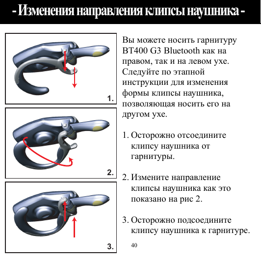  401.2.3. Вы можете носить гарнитуру BT400 G3 Bluetooth как на правом, так и на левом ухе. Следуйте по этапной инструкции для изменения формы клипсы наушника, позволяющая носить его на другом ухе.  1. Осторожно отсоедините клипсу наушника от гарнитуры.  2. Измените направление клипсы наушника как это показано на рис 2.  3. Осторожно подсоедините клипсу наушника к гарнитуре. - Изменения направления клипсы наушника - 