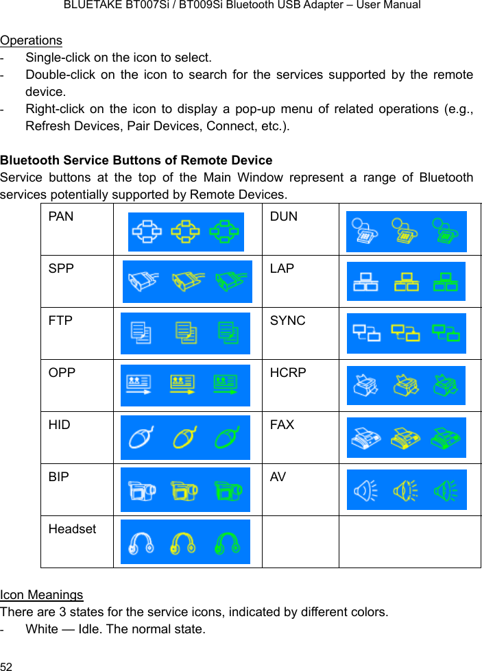    BLUETAKE BT007Si / BT009Si Bluetooth USB Adapter – User Manual Operations -  Single-click on the icon to select. -  Double-click on the icon to search for the services supported by the remote device. -  Right-click on the icon to display a pop-up menu of related operations (e.g., Refresh Devices, Pair Devices, Connect, etc.).  Bluetooth Service Buttons of Remote Device Service buttons at the top of the Main Window represent a range of Bluetooth services potentially supported by Remote Devices. PAN     DUN   SPP      LAP  FTP    SYNC     OPP    HCRP  HID    FAX    BIP    AV    Headset     Icon Meanings There are 3 states for the service icons, indicated by different colors. -  White — Idle. The normal state.  52 