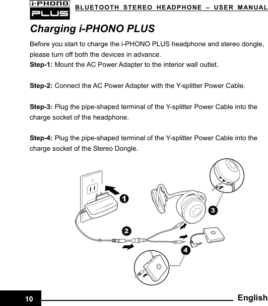   BLUETOOTH STEREO HEADPHONE –USER MANUALCharging i-PHONO PLUS Before you start to charge the i-PHONO PLUS headphone and stereo dongle, please turn off both the devices in advance. Step-1: Mount the AC Power Adapter to the interior wall outlet.  Step-2: Connect the AC Power Adapter with the Y-splitter Power Cable.  Step-3: Plug the pipe-shaped terminal of the Y-splitter Power Cable into the charge socket of the headphone.  Step-4: Plug the pipe-shaped terminal of the Y-splitter Power Cable into the charge socket of the Stereo Dongle.                     English10