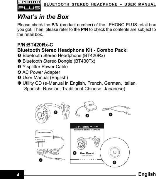   BLUETOOTH STEREO HEADPHONE –USER MANUALWhat’s in the Box Please check the P/N (product number) of the i-PHONO PLUS retail box you got. Then, please refer to the P/N to check the contents are subject to the retail box.    P/N:BT420Rx-C Bluetooth Stereo Headphone Kit - Combo Pack: n Bluetooth Stereo Headphone (BT420Rx) o Bluetooth Stereo Dongle (BT430Tx)   p Y-splitter Power Cable q AC Power Adapter r User Manual (English) s Utility CD (e-Manual in English, French, German, Italian,          Spanish, Russian, Traditional Chinese, Japanese)               English4
