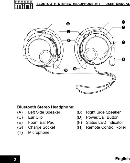   BLUETOOTH STEREO HEADPHONE KIT – USER MANUAL 2English               Bluetooth Stereo Headphone: (A)  Left Side Speaker  (B) Right Side Speaker (C)  Ear Clip  (D) Power/Call Button (E)  Foam Ear Pad  (F) Status LED Indicator (G)  Charge Socket  (H) Remote Control Roller(I) Microphone    
