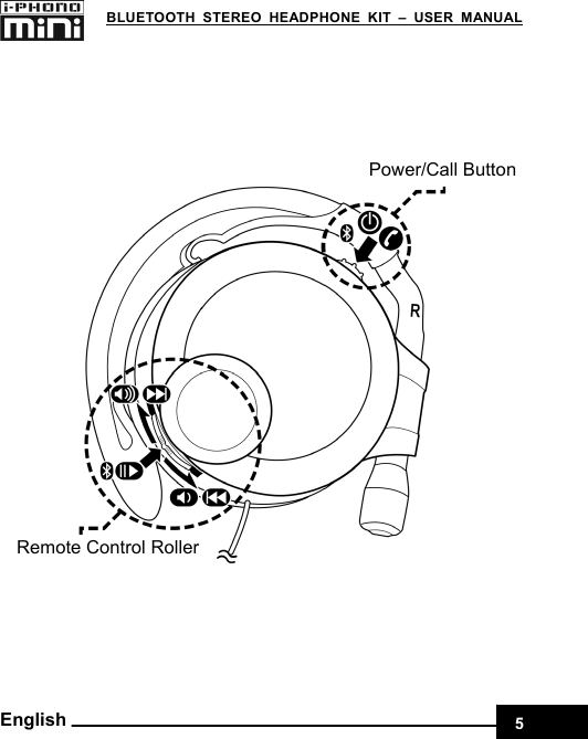    5 BLUETOOTH STEREO HEADPHONE KIT – USER MANUAL English  Power/Call Button  Remote Control Roller 