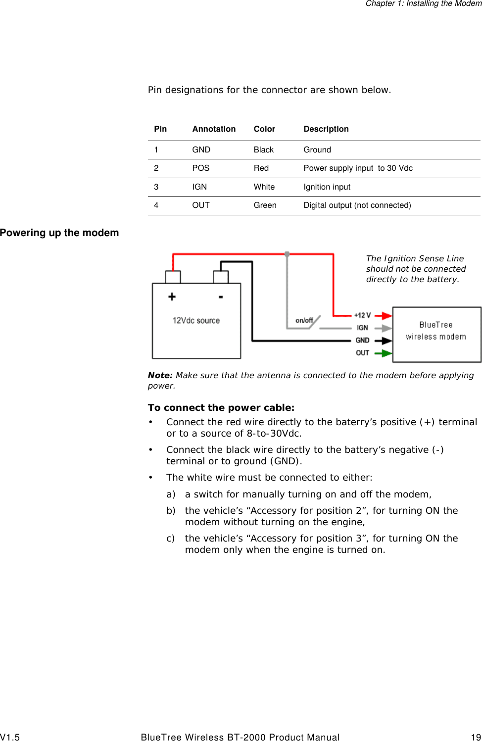Chapter 1: Installing the ModemV1.5 BlueTree Wireless BT-2000 Product Manual 19Pin designations for the connector are shown below.Powering up the modemNote: Make sure that the antenna is connected to the modem before applying power.To connect the power cable:&bull;Connect the red wire directly to the baterry&rsquo;s positive (+) terminal or to a source of 8-to-30Vdc.&bull;Connect the black wire directly to the battery&rsquo;s negative (-) terminal or to ground (GND).&bull;The white wire must be connected to either:a) a switch for manually turning on and off the modem,b) the vehicle&rsquo;s &ldquo;Accessory for position 2&rdquo;, for turning ON the modem without turning on the engine,c) the vehicle&rsquo;s &ldquo;Accessory for position 3&rdquo;, for turning ON the modem only when the engine is turned on.Pin Annotation Color Description1GND Black Ground2POS Red Power supply input  to 30 Vdc3IGN White Ignition input4OUT Green Digital output (not connected)The Ignition Sense Line should not be connected directly to the battery.