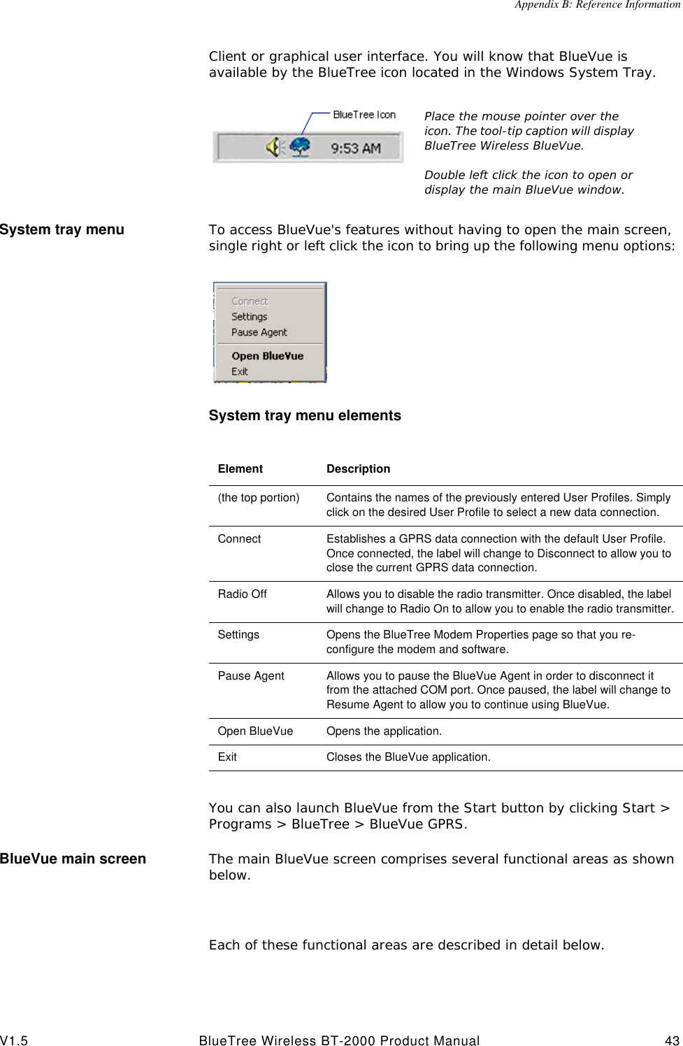 Appendix B: Reference InformationV1.5 BlueTree Wireless BT-2000 Product Manual 43Client or graphical user interface. You will know that BlueVue is available by the BlueTree icon located in the Windows System Tray.System tray menu To access BlueVue's features without having to open the main screen, single right or left click the icon to bring up the following menu options: System tray menu elementsYou can also launch BlueVue from the Start button by clicking Start > Programs > BlueTree > BlueVue GPRS.BlueVue main screen The main BlueVue screen comprises several functional areas as shown below.Each of these functional areas are described in detail below.Place the mouse pointer over the icon. The tool-tip caption will display BlueTree Wireless BlueVue. Double left click the icon to open or display the main BlueVue window.Element Description(the top portion) Contains the names of the previously entered User Profiles. Simply click on the desired User Profile to select a new data connection.Connect  Establishes a GPRS data connection with the default User Profile. Once connected, the label will change to Disconnect to allow you to close the current GPRS data connection.Radio Off Allows you to disable the radio transmitter. Once disabled, the label will change to Radio On to allow you to enable the radio transmitter.Settings Opens the BlueTree Modem Properties page so that you re-configure the modem and software.Pause Agent Allows you to pause the BlueVue Agent in order to disconnect it from the attached COM port. Once paused, the label will change to Resume Agent to allow you to continue using BlueVue.Open BlueVue Opens the application.Exit Closes the BlueVue application.