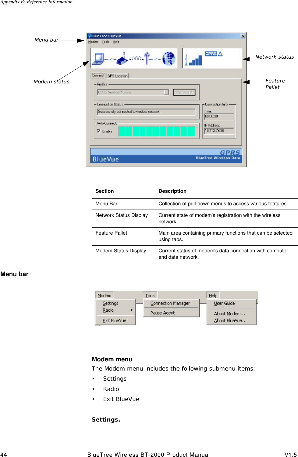 Appendix B: Reference Information44 BlueTree Wireless BT-2000 Product Manual V1.5Menu barModem menuThe Modem menu includes the following submenu items: &bull;Settings&bull;Radio&bull;Exit BlueVueSettings. Menu barModem status Feature PalletNetwork statusSection DescriptionMenu Bar Collection of pull-down menus to access various features.Network Status Display Current state of modem's registration with the wireless network.Feature Pallet Main area containing primary functions that can be selected using tabs.Modem Status Display Current status of modem's data connection with computer and data network.