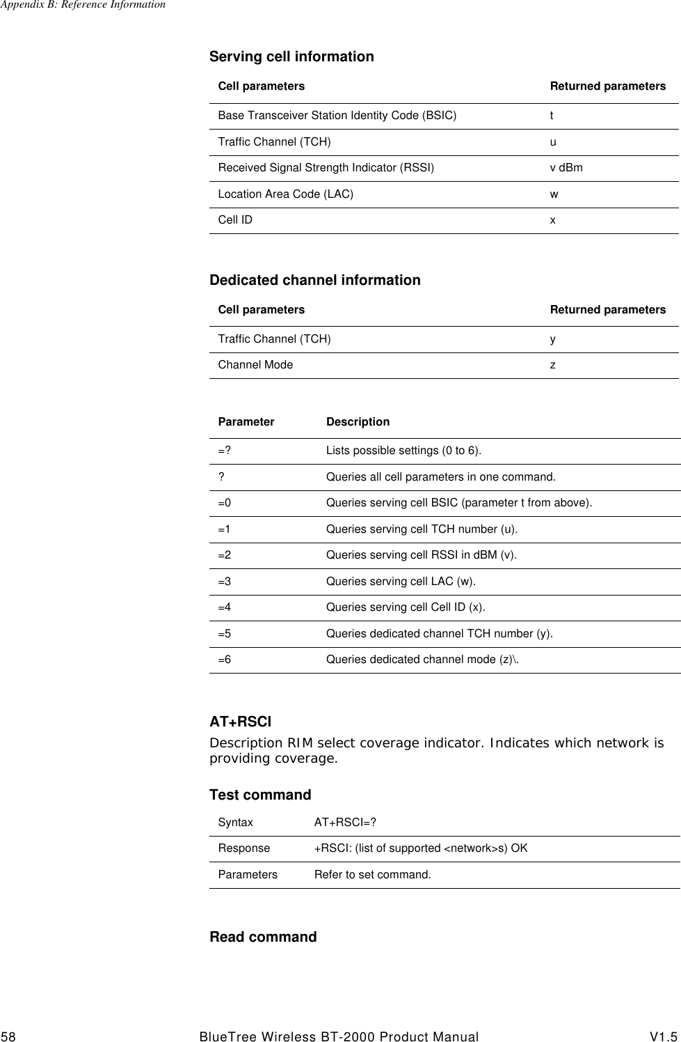 Appendix B: Reference Information58 BlueTree Wireless BT-2000 Product Manual V1.5Serving cell informationDedicated channel informationAT+RSCIDescription RIM select coverage indicator. Indicates which network is providing coverage.Test commandRead commandCell parameters Returned parametersBase Transceiver Station Identity Code (BSIC)  tTraffic Channel (TCH)  uReceived Signal Strength Indicator (RSSI) v dBmLocation Area Code (LAC)  wCell ID xCell parameters Returned parametersTraffic Channel (TCH)  yChannel Mode zParameter Description=?  Lists possible settings (0 to 6).?  Queries all cell parameters in one command.=0  Queries serving cell BSIC (parameter t from above).=1  Queries serving cell TCH number (u).=2  Queries serving cell RSSI in dBM (v).=3  Queries serving cell LAC (w).=4  Queries serving cell Cell ID (x).=5  Queries dedicated channel TCH number (y).=6  Queries dedicated channel mode (z)\.Syntax AT+RSCI=?Response +RSCI: (list of supported <network>s) OKParameters Refer to set command.