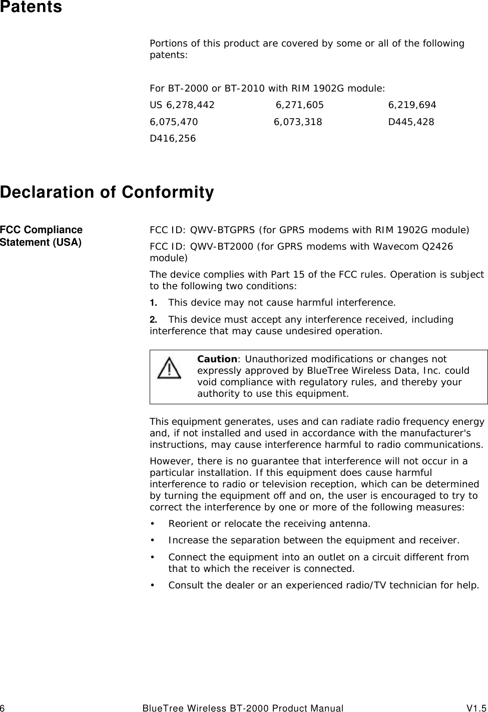 6BlueTree Wireless BT-2000 Product Manual V1.5PatentsPortions of this product are covered by some or all of the following patents:For BT-2000 or BT-2010 with RIM 1902G module:US 6,278,442 6,271,605 6,219,6946,075,470 6,073,318 D445,428D416,256Declaration of ConformityFCC Compliance Statement (USA) FCC ID: QWV-BTGPRS (for GPRS modems with RIM 1902G module)FCC ID: QWV-BT2000 (for GPRS modems with Wavecom Q2426 module)The device complies with Part 15 of the FCC rules. Operation is subject to the following two conditions:1. This device may not cause harmful interference.2. This device must accept any interference received, including interference that may cause undesired operation.This equipment generates, uses and can radiate radio frequency energy and, if not installed and used in accordance with the manufacturer's instructions, may cause interference harmful to radio communications.However, there is no guarantee that interference will not occur in a particular installation. If this equipment does cause harmful interference to radio or television reception, which can be determined by turning the equipment off and on, the user is encouraged to try to correct the interference by one or more of the following measures:&bull;Reorient or relocate the receiving antenna.&bull;Increase the separation between the equipment and receiver.&bull;Connect the equipment into an outlet on a circuit different from that to which the receiver is connected.&bull;Consult the dealer or an experienced radio/TV technician for help.Caution: Unauthorized modifications or changes not expressly approved by BlueTree Wireless Data, Inc. could void compliance with regulatory rules, and thereby your authority to use this equipment.