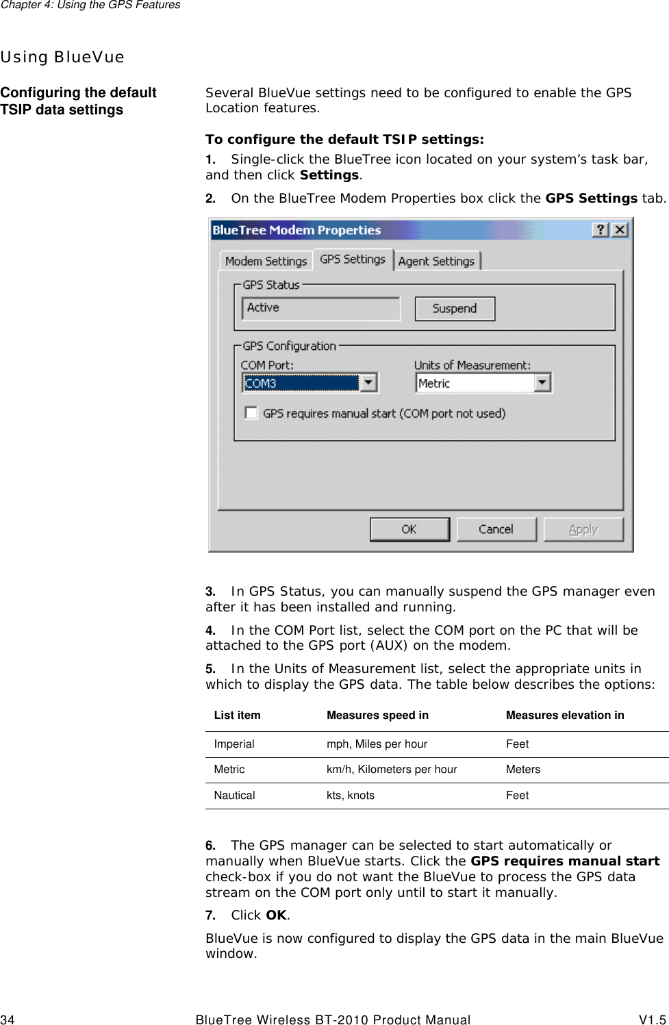 Chapter 4: Using the GPS Features34 BlueTree Wireless BT-2010 Product Manual V1.5Using BlueVueConfiguring the default TSIP data settings Several BlueVue settings need to be configured to enable the GPS Location features.To configure the default TSIP settings:1. Single-click the BlueTree icon located on your system&rsquo;s task bar, and then click Settings.2. On the BlueTree Modem Properties box click the GPS Settings tab.3. In GPS Status, you can manually suspend the GPS manager even after it has been installed and running.4. In the COM Port list, select the COM port on the PC that will be attached to the GPS port (AUX) on the modem.5. In the Units of Measurement list, select the appropriate units in which to display the GPS data. The table below describes the options:6. The GPS manager can be selected to start automatically or manually when BlueVue starts. Click the GPS requires manual start check-box if you do not want the BlueVue to process the GPS data stream on the COM port only until to start it manually.7. Click OK.BlueVue is now configured to display the GPS data in the main BlueVue window.List item Measures speed in Measures elevation inImperial mph, Miles per hour FeetMetric km/h, Kilometers per hour MetersNautical kts, knots Feet