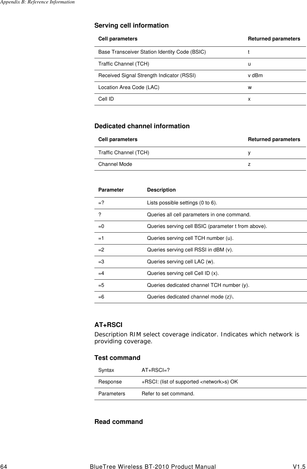 Appendix B: Reference Information64 BlueTree Wireless BT-2010 Product Manual V1.5Serving cell informationDedicated channel informationAT+RSCIDescription RIM select coverage indicator. Indicates which network is providing coverage.Test commandRead commandCell parameters Returned parametersBase Transceiver Station Identity Code (BSIC)  tTraffic Channel (TCH)  uReceived Signal Strength Indicator (RSSI) v dBmLocation Area Code (LAC)  wCell ID xCell parameters Returned parametersTraffic Channel (TCH)  yChannel Mode zParameter Description=?  Lists possible settings (0 to 6).?  Queries all cell parameters in one command.=0  Queries serving cell BSIC (parameter t from above).=1  Queries serving cell TCH number (u).=2  Queries serving cell RSSI in dBM (v).=3  Queries serving cell LAC (w).=4  Queries serving cell Cell ID (x).=5  Queries dedicated channel TCH number (y).=6  Queries dedicated channel mode (z)\.Syntax AT+RSCI=?Response +RSCI: (list of supported <network>s) OKParameters Refer to set command.