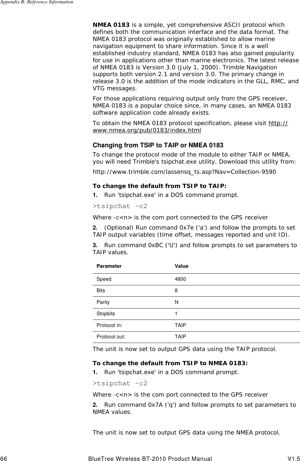 Appendix B: Reference Information66 BlueTree Wireless BT-2010 Product Manual V1.5NMEA 0183 is a simple, yet comprehensive ASCII protocol which defines both the communication interface and the data format. The NMEA 0183 protocol was originally established to allow marine navigation equipment to share information. Since it is a well established industry standard, NMEA 0183 has also gained popularity for use in applications other than marine electronics. The latest release of NMEA 0183 is Version 3.0 (July 1, 2000). Trimble Navigation supports both version 2.1 and version 3.0. The primary change in release 3.0 is the addition of the mode indicators in the GLL, RMC, and VTG messages.For those applications requiring output only from the GPS receiver, NMEA 0183 is a popular choice since, in many cases, an NMEA 0183 software application code already exists.To obtain the NMEA 0183 protocol specification, please visit http://www.nmea.org/pub/0183/index.htmlChanging from TSIP to TAIP or NMEA 0183To change the protocol mode of the module to either TAIP or NMEA, you will need Trimble's tsipchat.exe utility. Download this utility from:http://www.trimble.com/lassensq_ts.asp?Nav=Collection-9590To change the default from TSIP to TAIP:1. Run 'tsipchat.exe' in a DOS command prompt.>tsipchat -c2 Where -c<n> is the com port connected to the GPS receiver 2. (Optional) Run command 0x7e ('a') and follow the prompts to set TAIP output variables (time offset, messages reported and unit ID).3. Run command 0xBC ('U') and follow prompts to set parameters to TAIP values.The unit is now set to output GPS data using the TAIP protocol.To change the default from TSIP to NMEA 0183:1. Run 'tsipchat.exe' in a DOS command prompt.>tsipchat -c2 Where -c<n> is the com port connected to the GPS receiver 2. Run command 0x7A ('q') and follow prompts to set parameters to NMEA values.The unit is now set to output GPS data using the NMEA protocol.Parameter ValueSpeed  4800Bits 8Parity NStopbits 1Protocol in: TAIPProtocol out:  TAIP