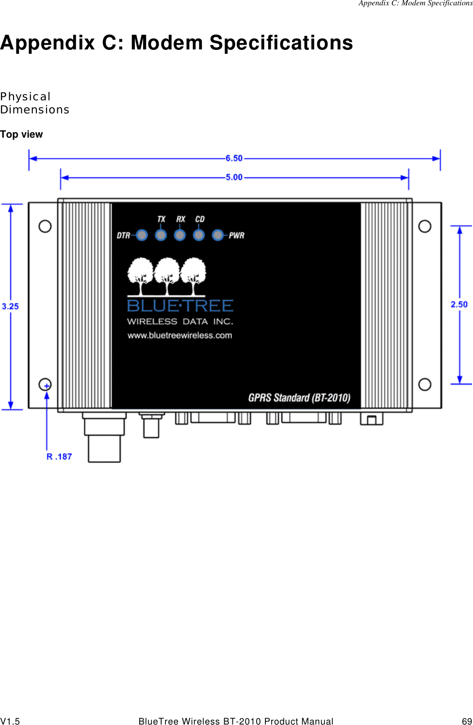 Appendix C: Modem SpecificationsV1.5 BlueTree Wireless BT-2010 Product Manual 69Appendix C: Modem SpecificationsPhysical DimensionsTop view