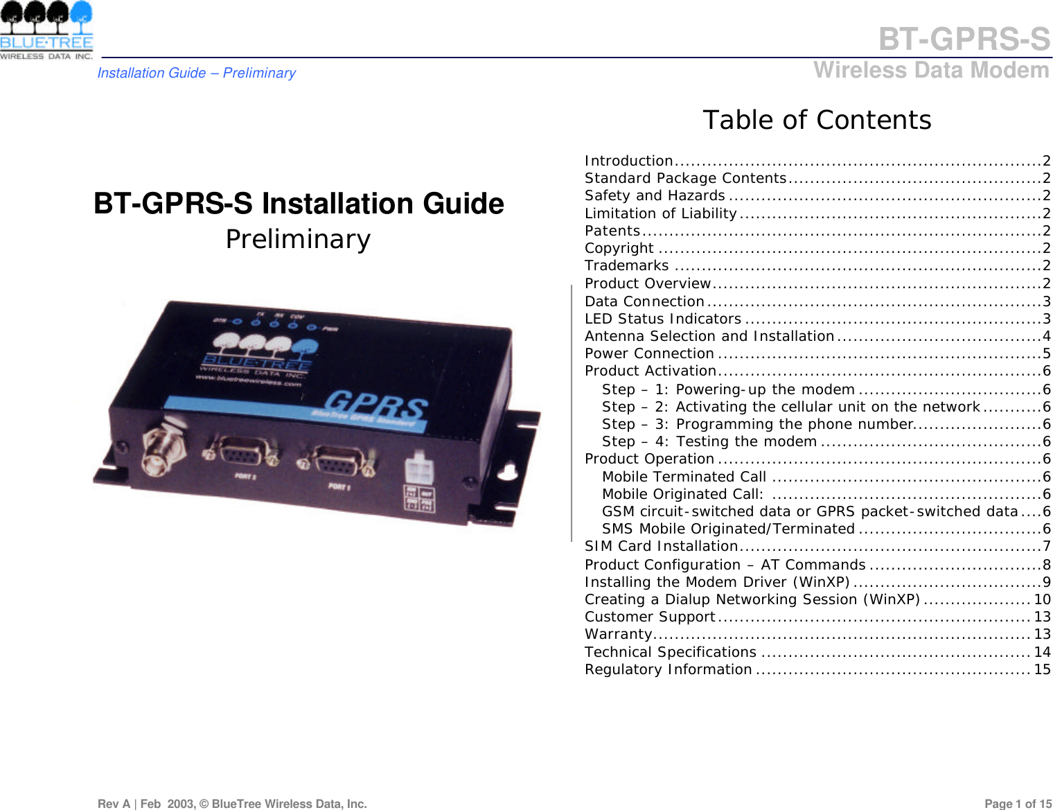 Bluetree Wireless Data BTGPRS BTGPRSS User Manual BT GPRS S
